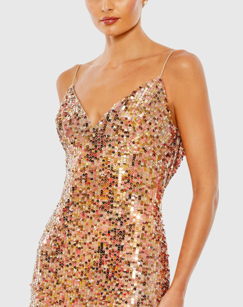 Sequined Spaghetti Strap Cowl Back Gown