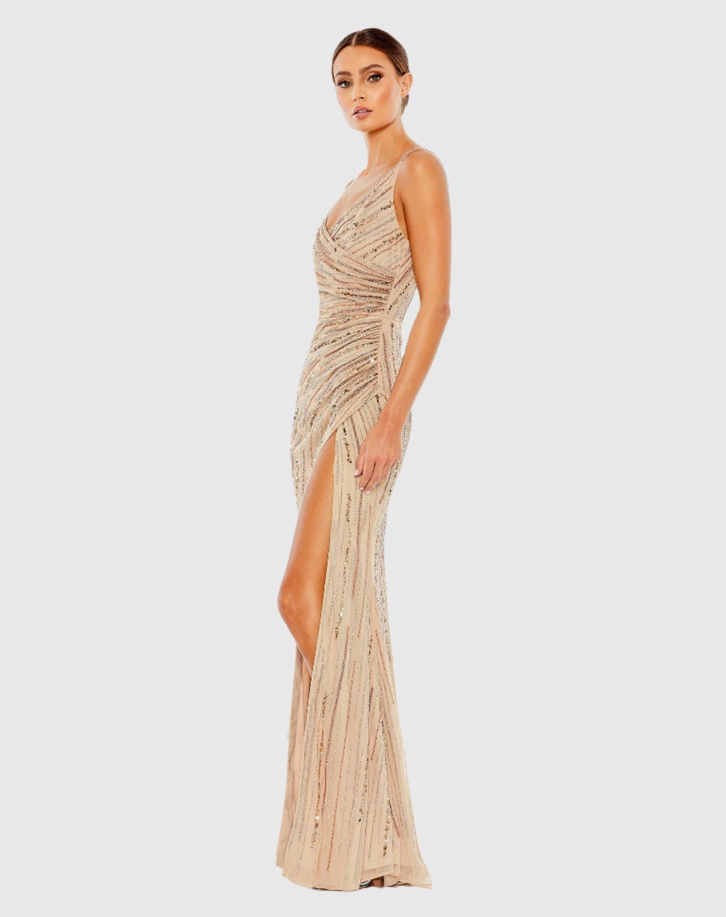 Sequined Spaghetti Strap Cowl Back Gown