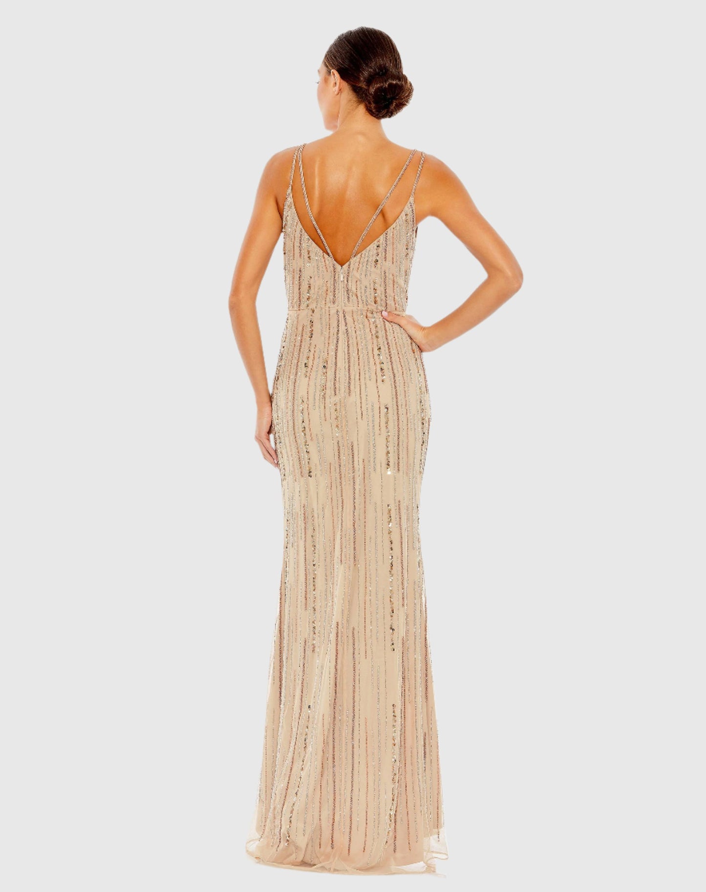 Sequined Spaghetti Strap Cowl Back Gown