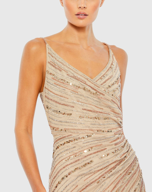 Sequined Spaghetti Strap Cowl Back Gown