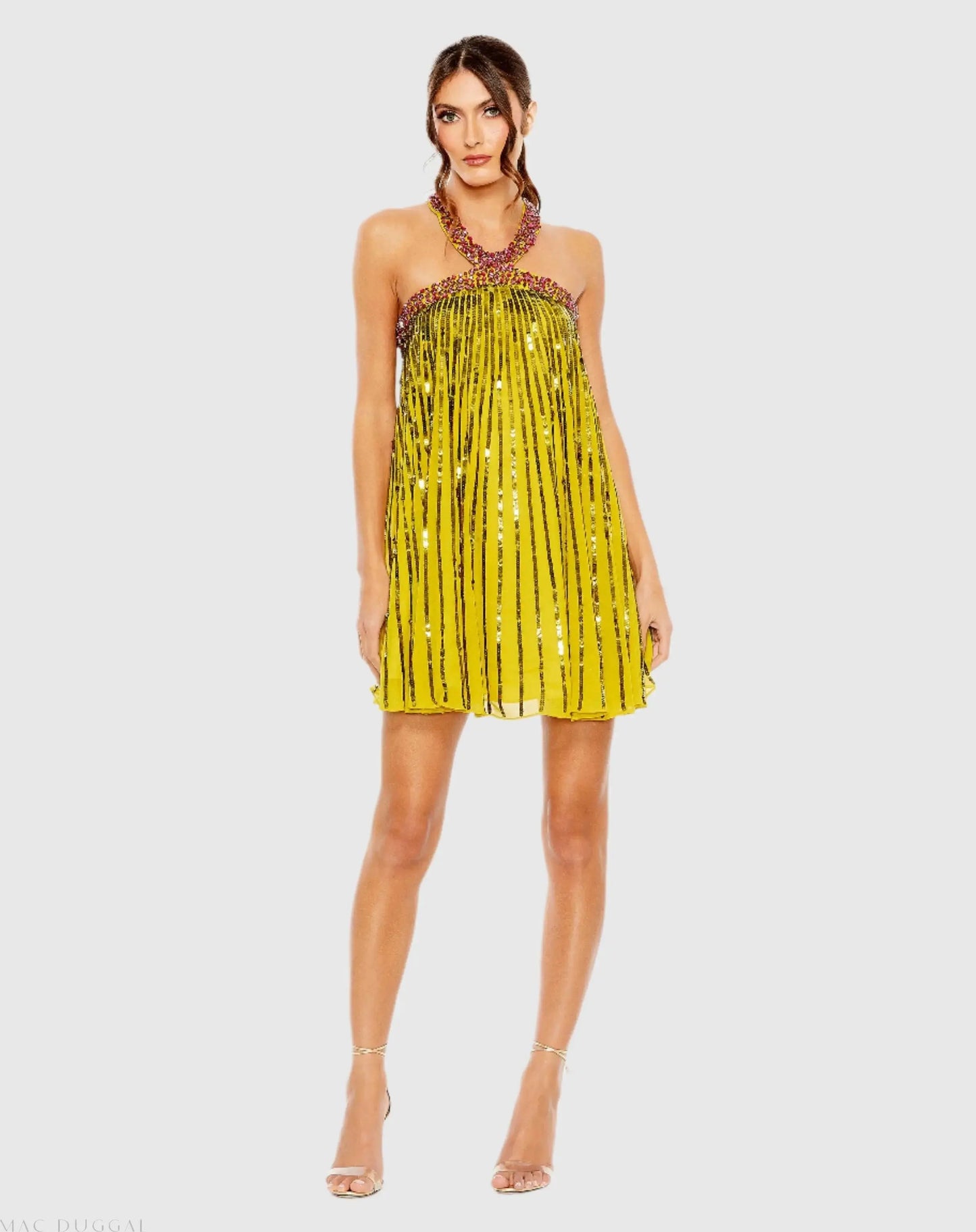 Yellow High Neck Open Back Embellished Trapeze Dress - Mac Duggal