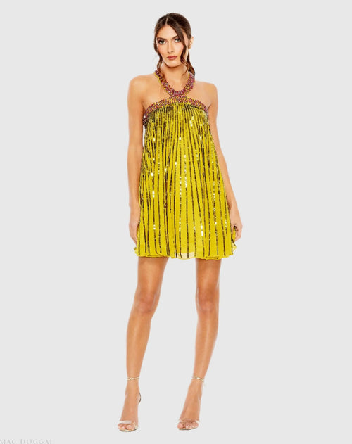 Yellow High Neck Open Back Embellished Trapeze Dress - Mac Duggal
