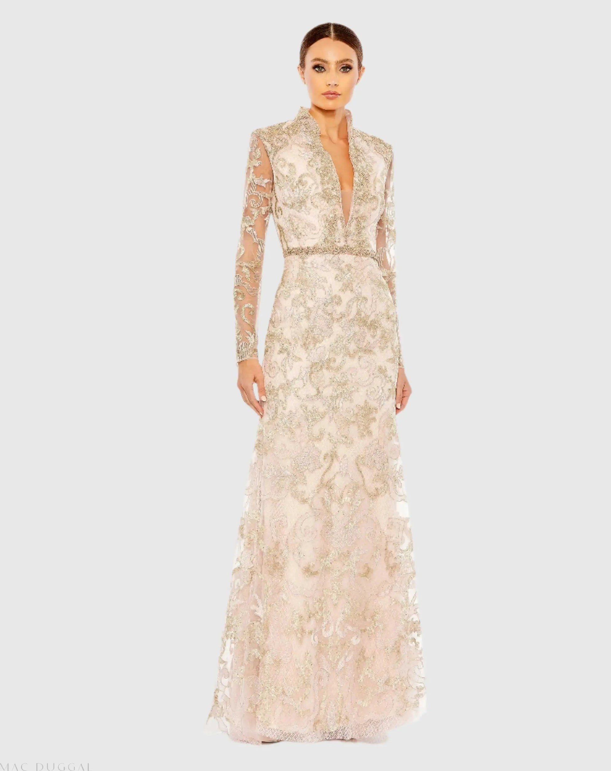 Mac Duggal - Beaded Queen Anne Lace Long Sleeve V-neck Trumpet Gown - Blush Mac Duggal - Beaded Queen Anne Lace Long Sleeve V-neck Trumpet Gown - Blush