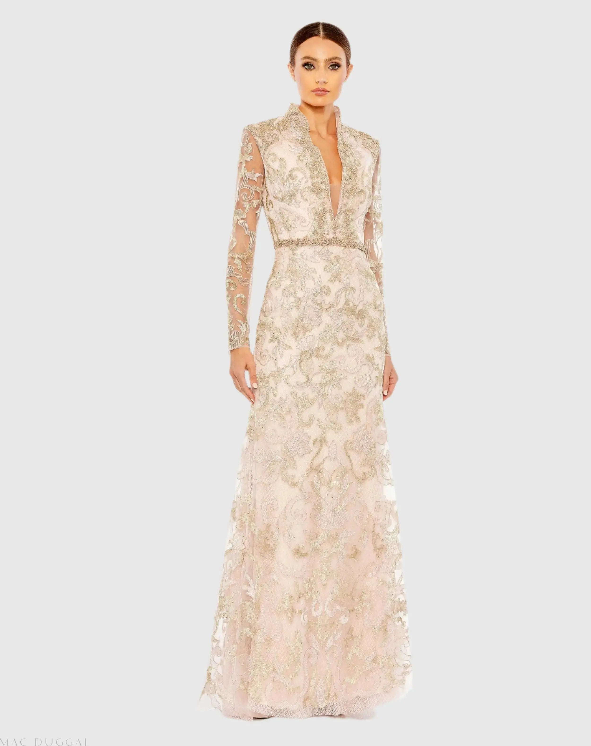 Long Sleeve Applique V-Neck Gown