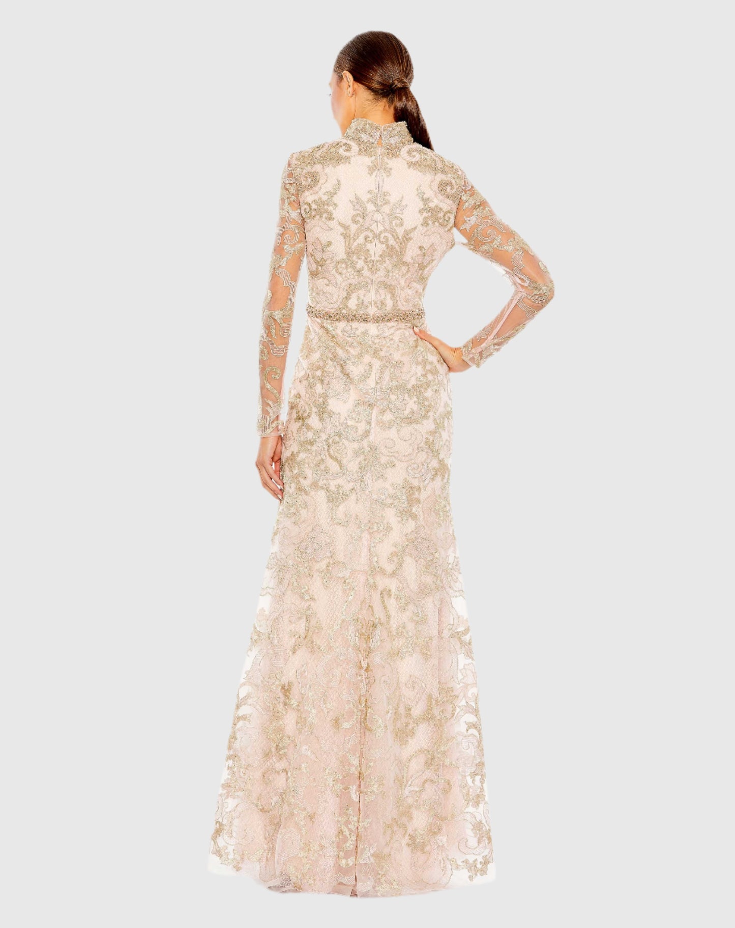 Beige Long Sleeve Applique V-Neck Gown