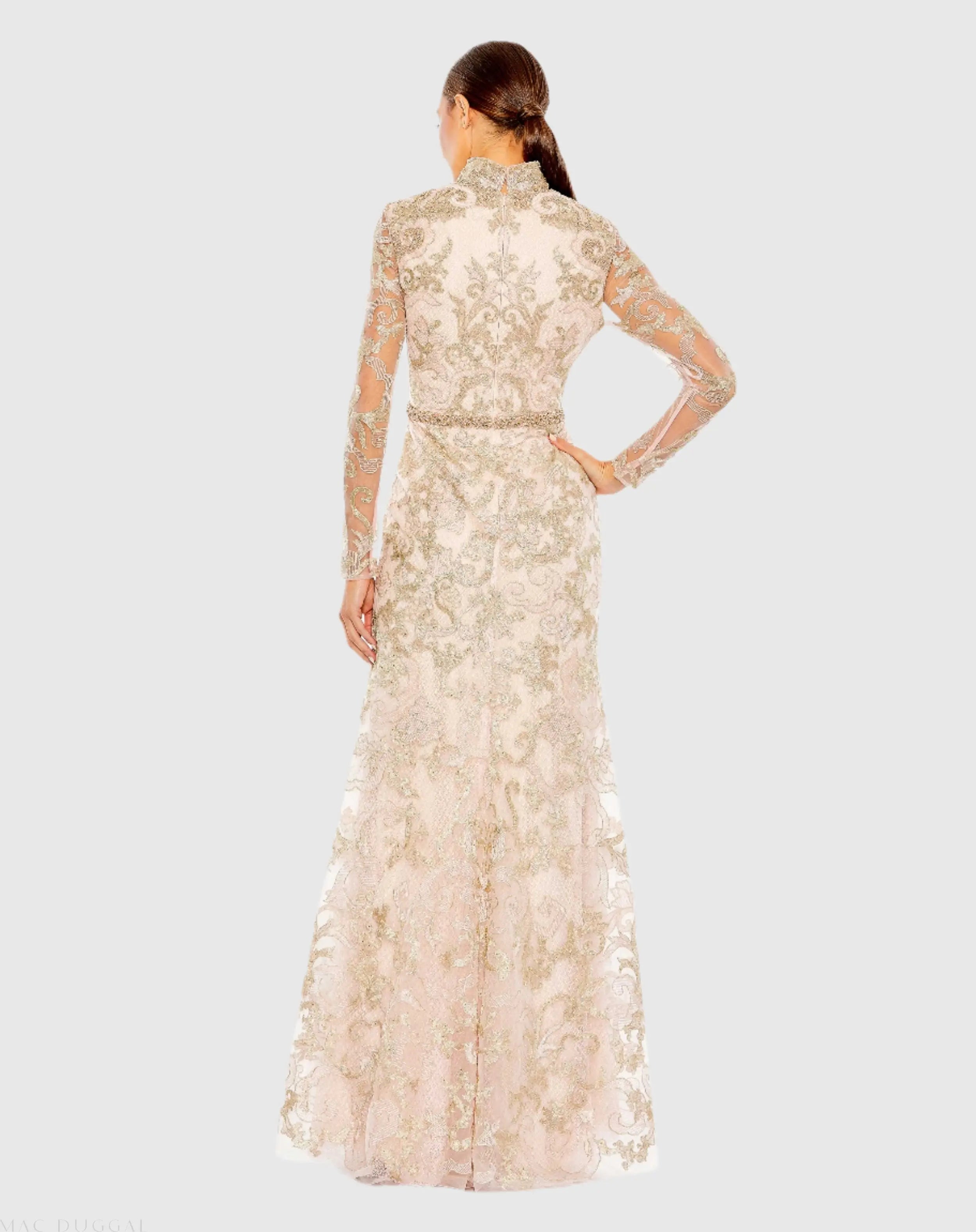 Blush Pink Queen Anne Lace Long Sleeve V-Neck Trumpet  Gown - Mac Duggal