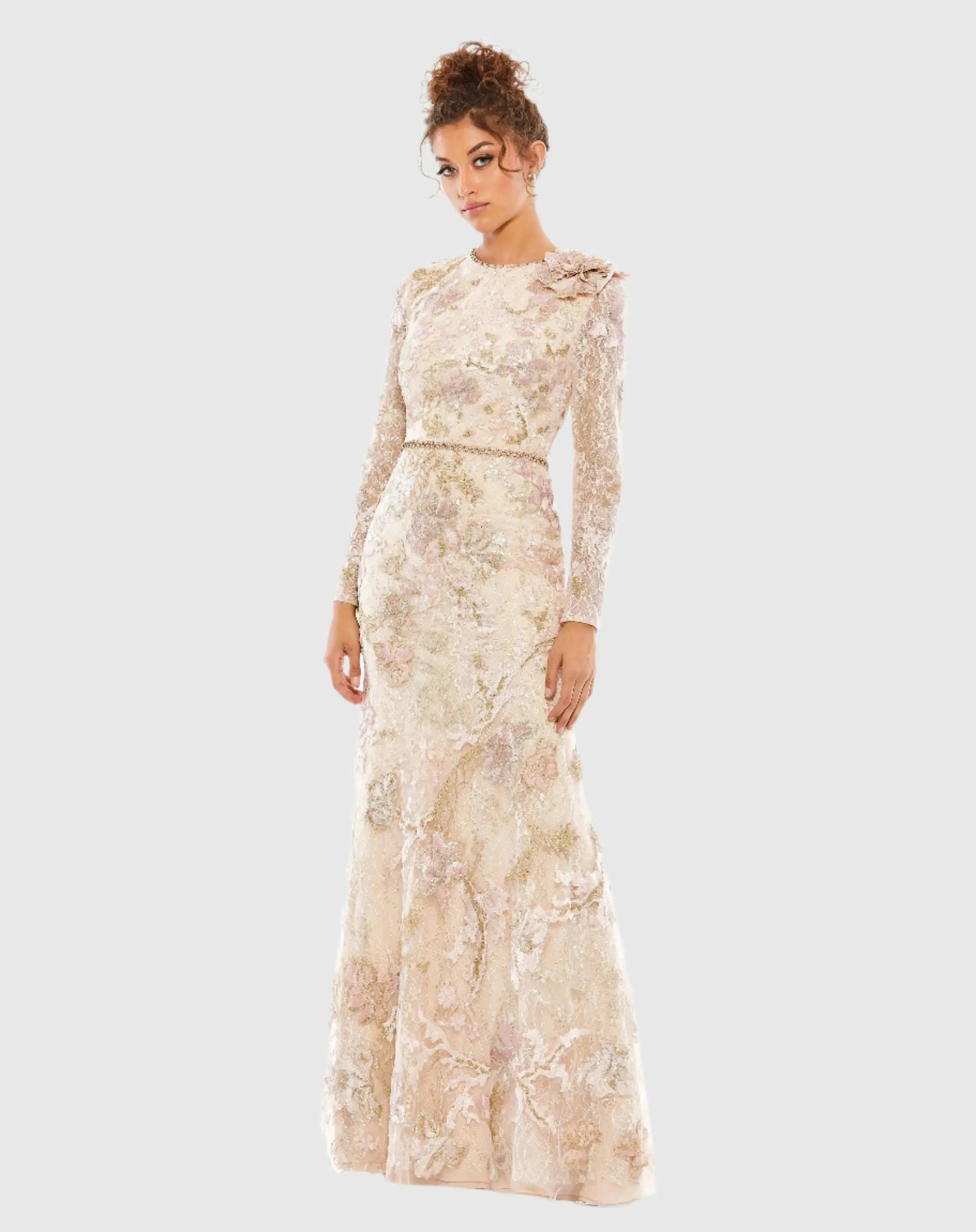 Pink and Beige Embroidered Lace Trumpet Evening Dress | Mac Duggal Pink and Beige Embroidered Lace Trumpet Evening Dress | Mac Duggal