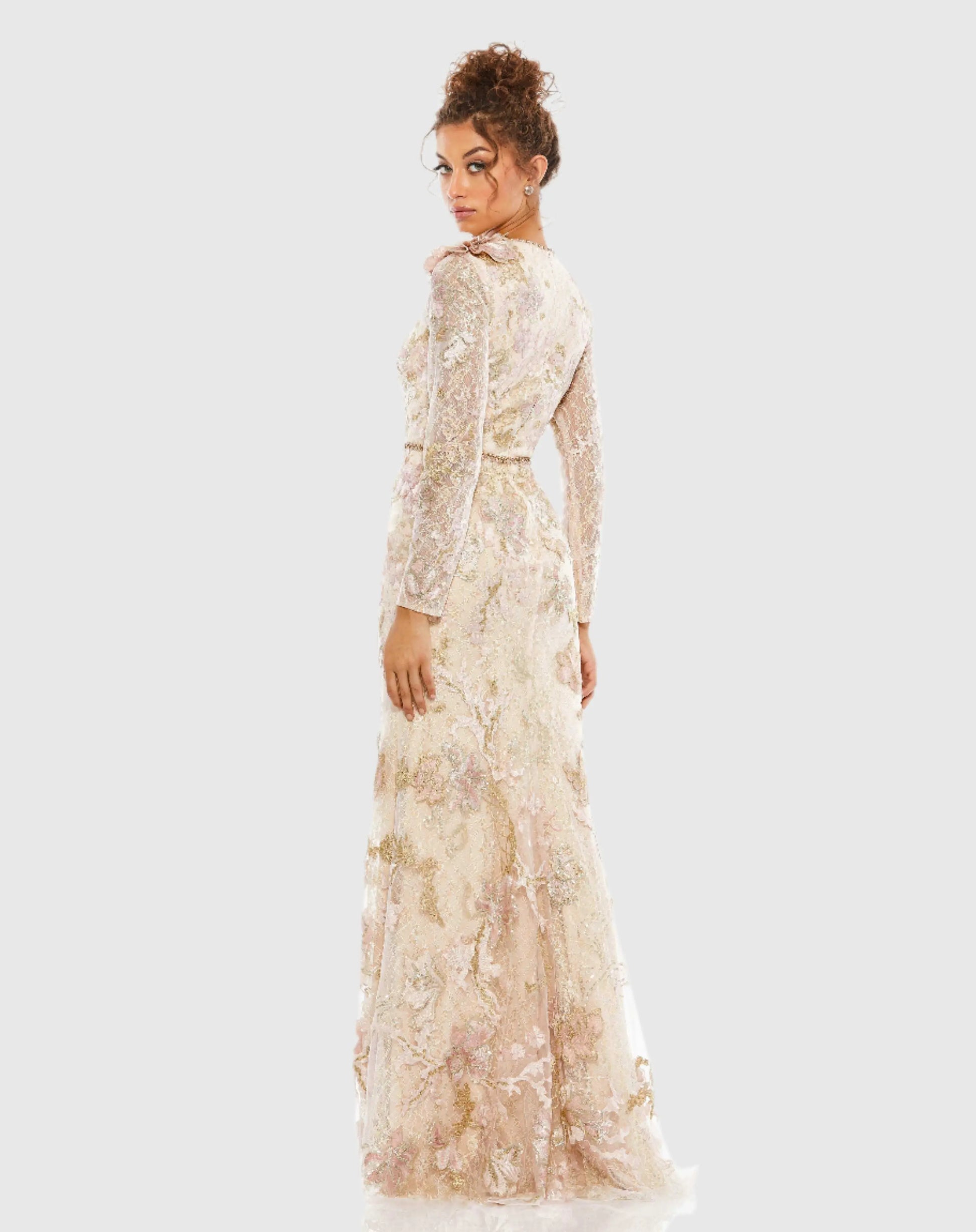 Pink and Beige Embroidered Lace Trumpet Evening Dress | Mac Duggal Pink and Beige Embroidered Lace Trumpet Evening Dress | Mac Duggal
