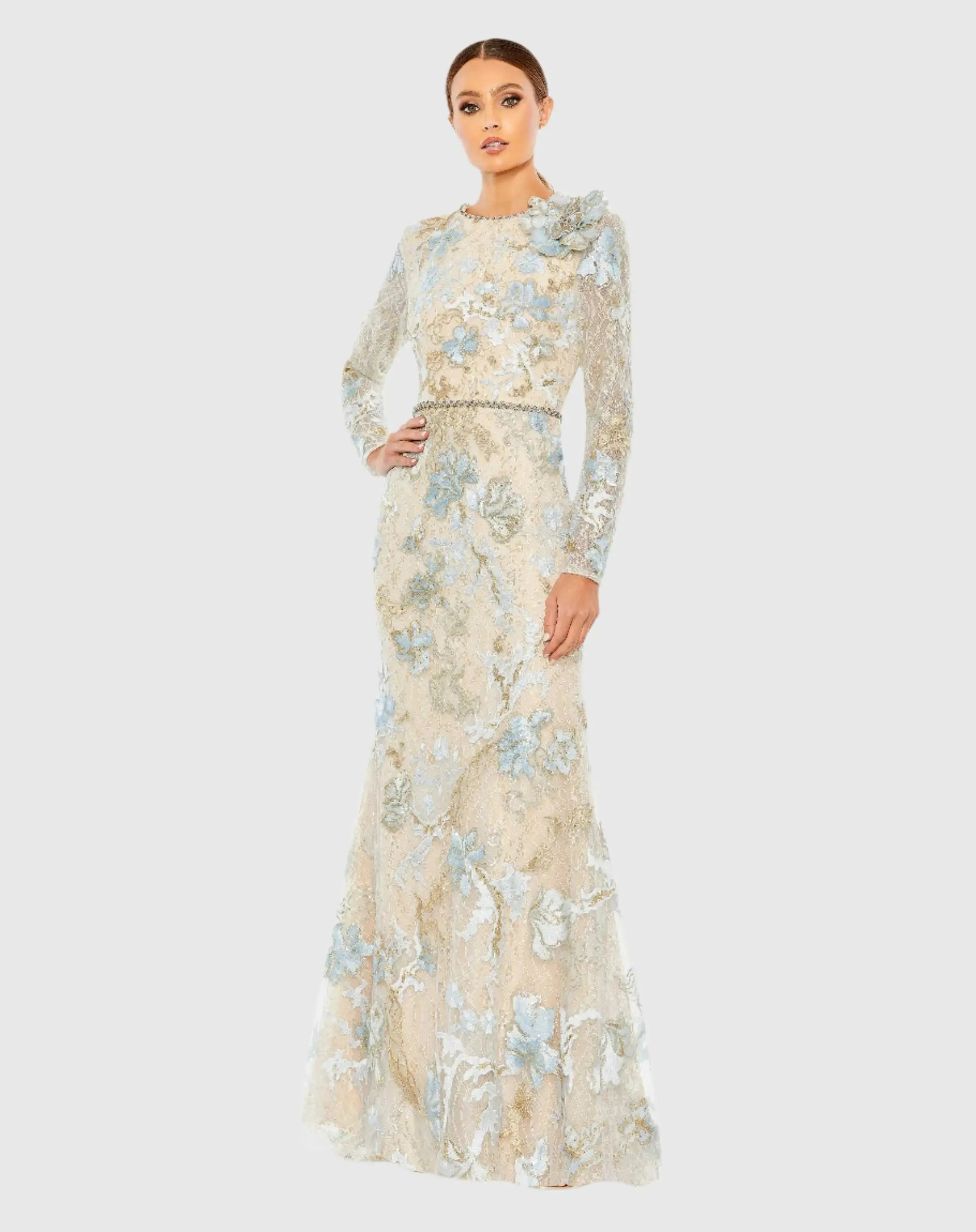 Blue and Beige Floral Embroidered Lace Trumpet Gown - Mac Duggal