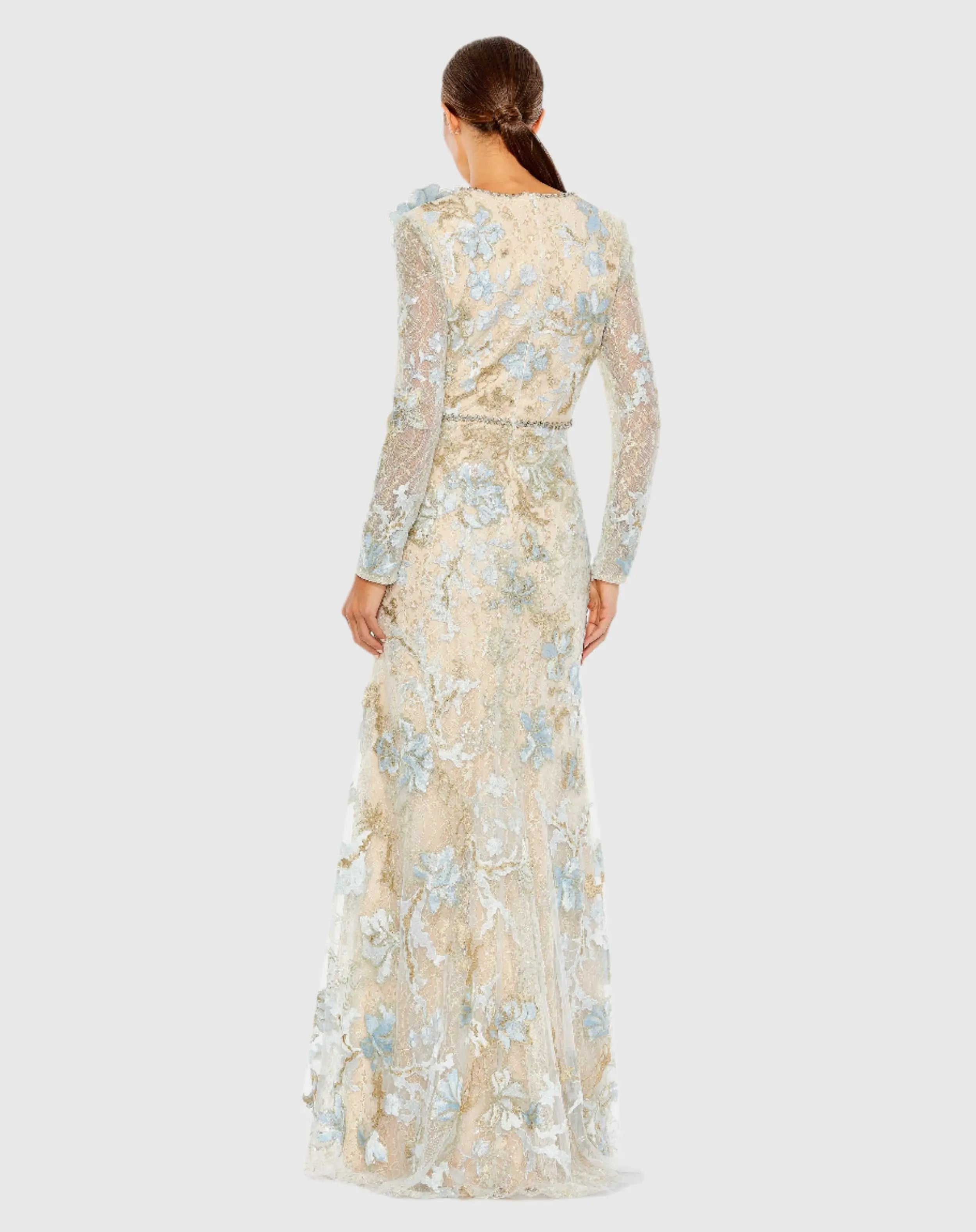 Blue and Beige Floral Embroidered Lace Trumpet Gown - Mac Duggal