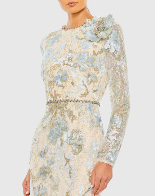 Blue and Beige Floral Embroidered Lace Trumpet Gown - Mac Duggal