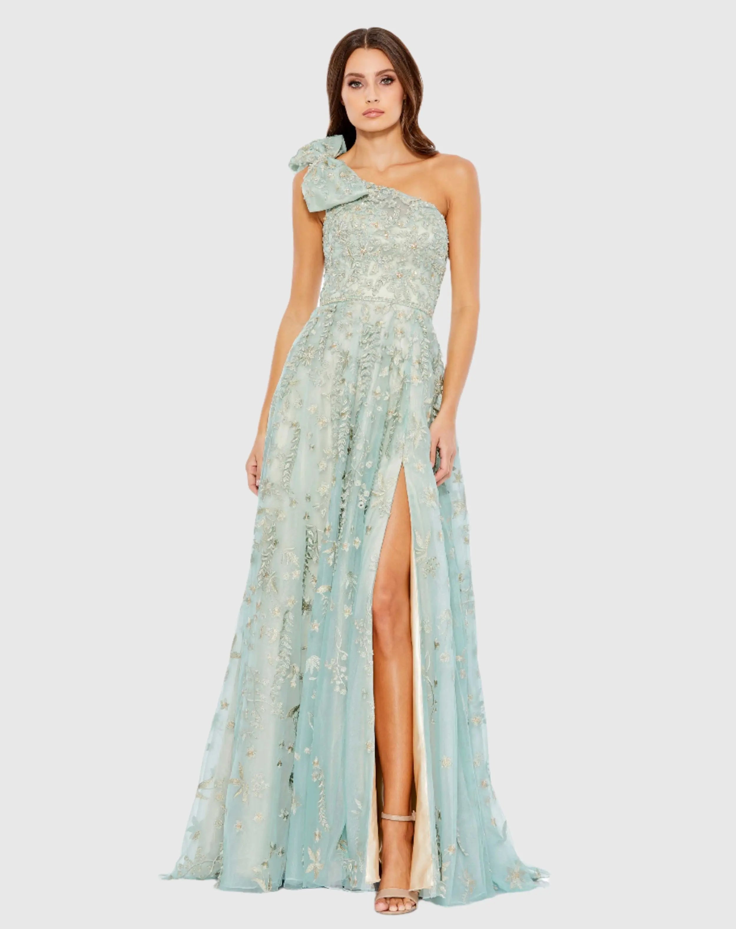 Green Embellished Bow One Shoulder A Line Gown - Mac Duggal