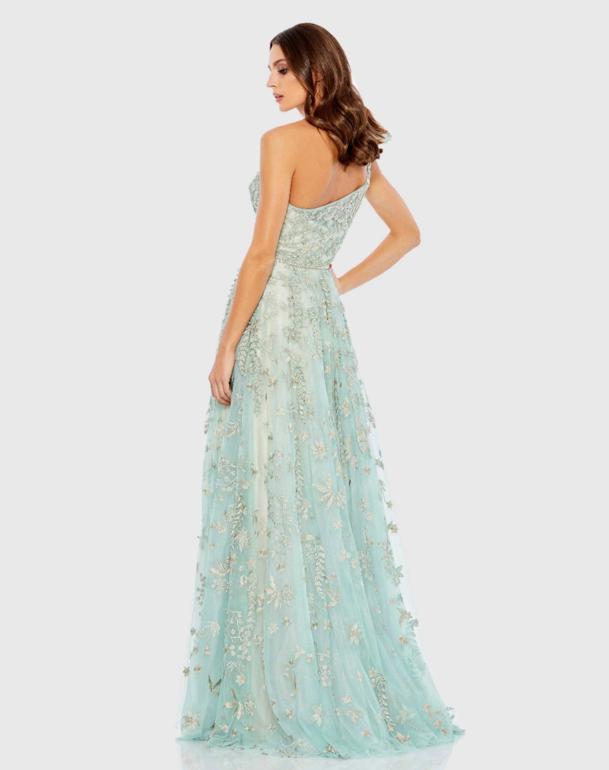 Green Embellished Bow One Shoulder A Line Gown - Mac Duggal Green Embellished Bow One Shoulder A Line Gown - Mac Duggal