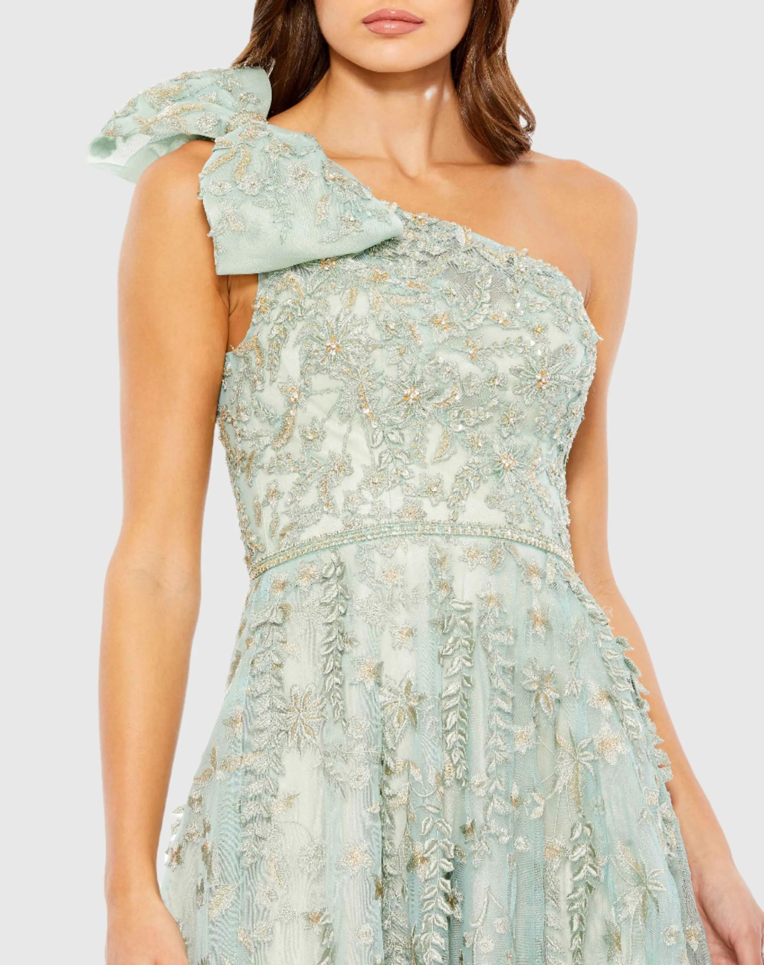Green Embellished Bow One Shoulder A Line Gown - Mac Duggal