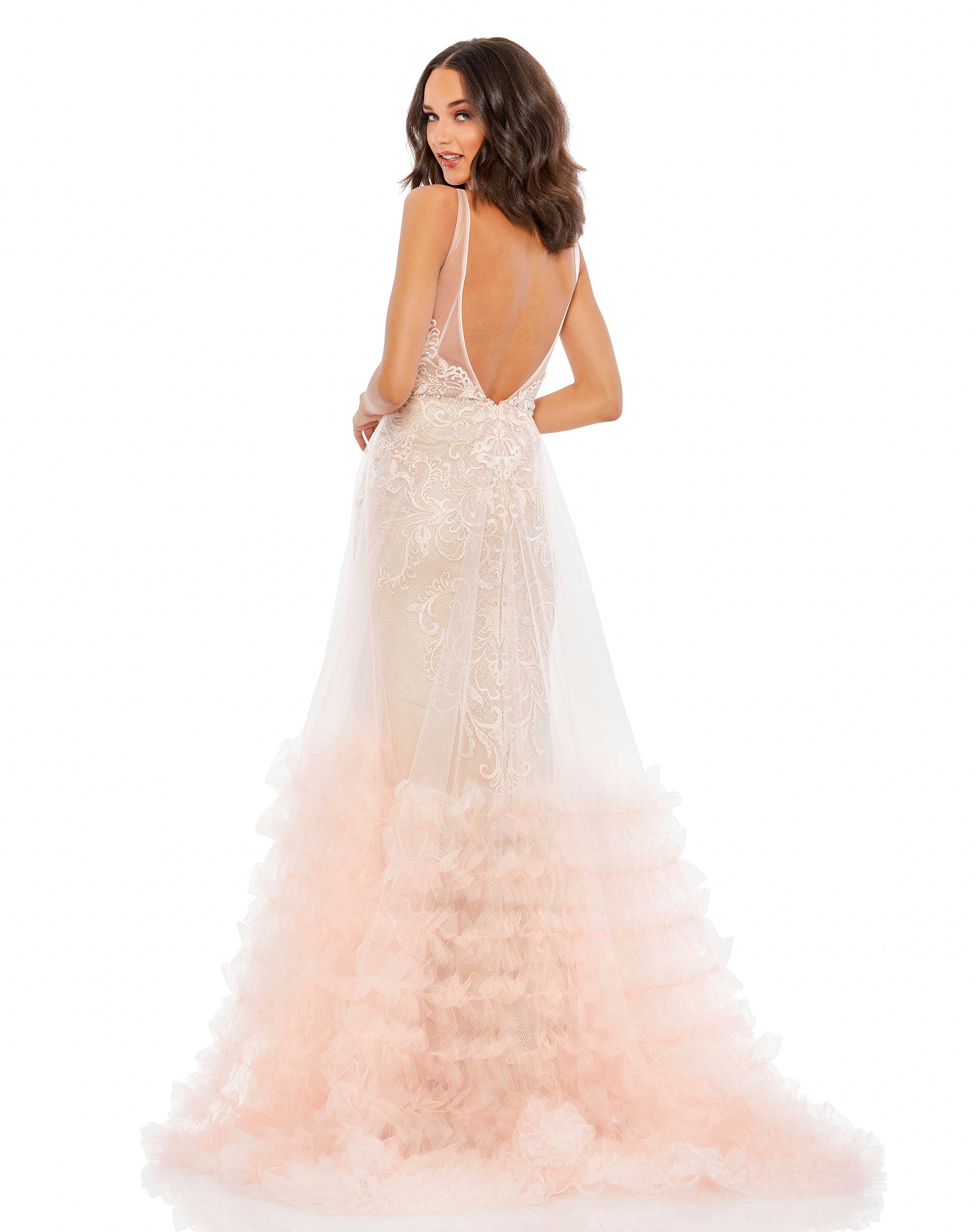 Lace Ruffle Tiered Sleeveless Plunge Neck Gown