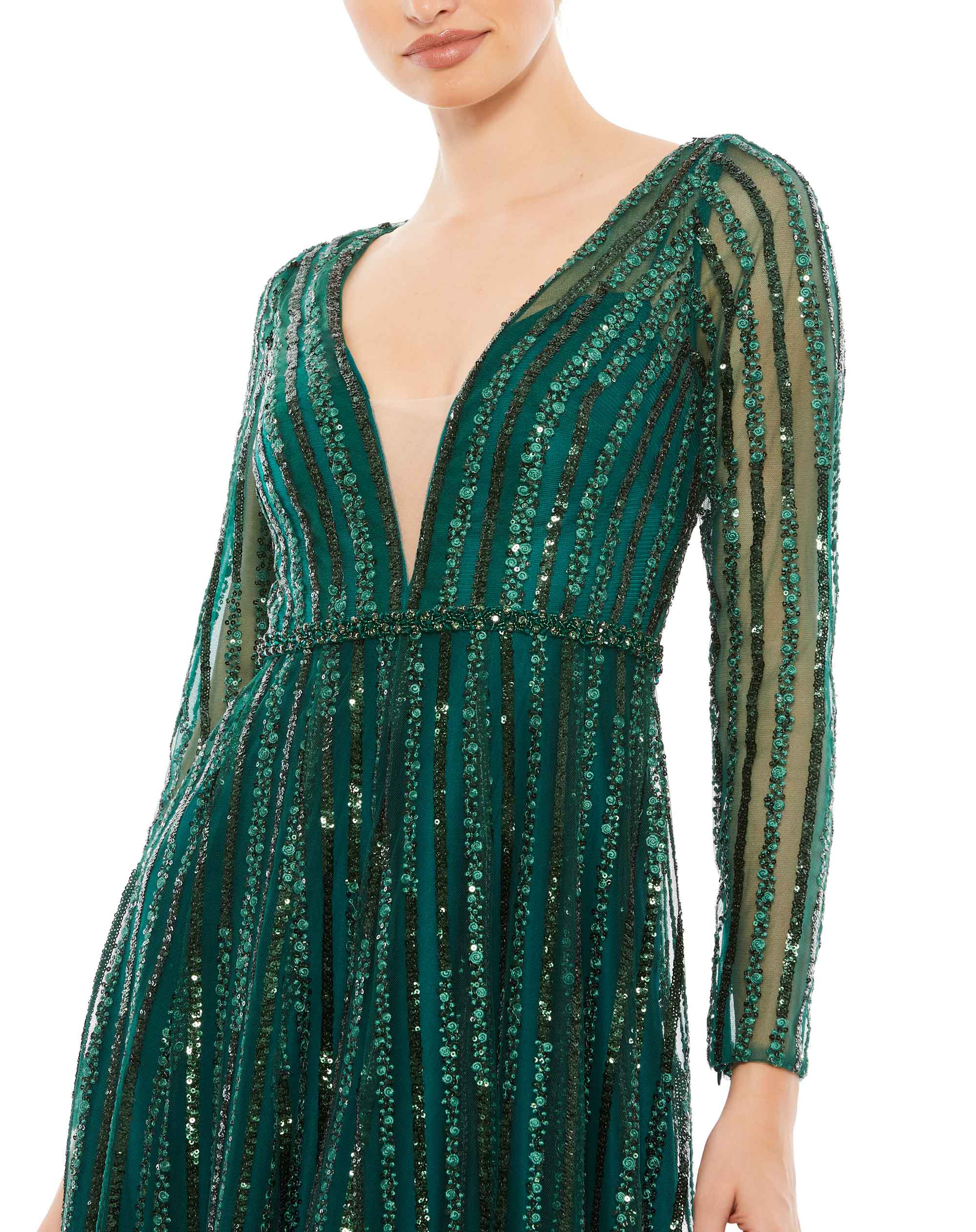 Plunging Striped Sequin Long Sleeve Gown