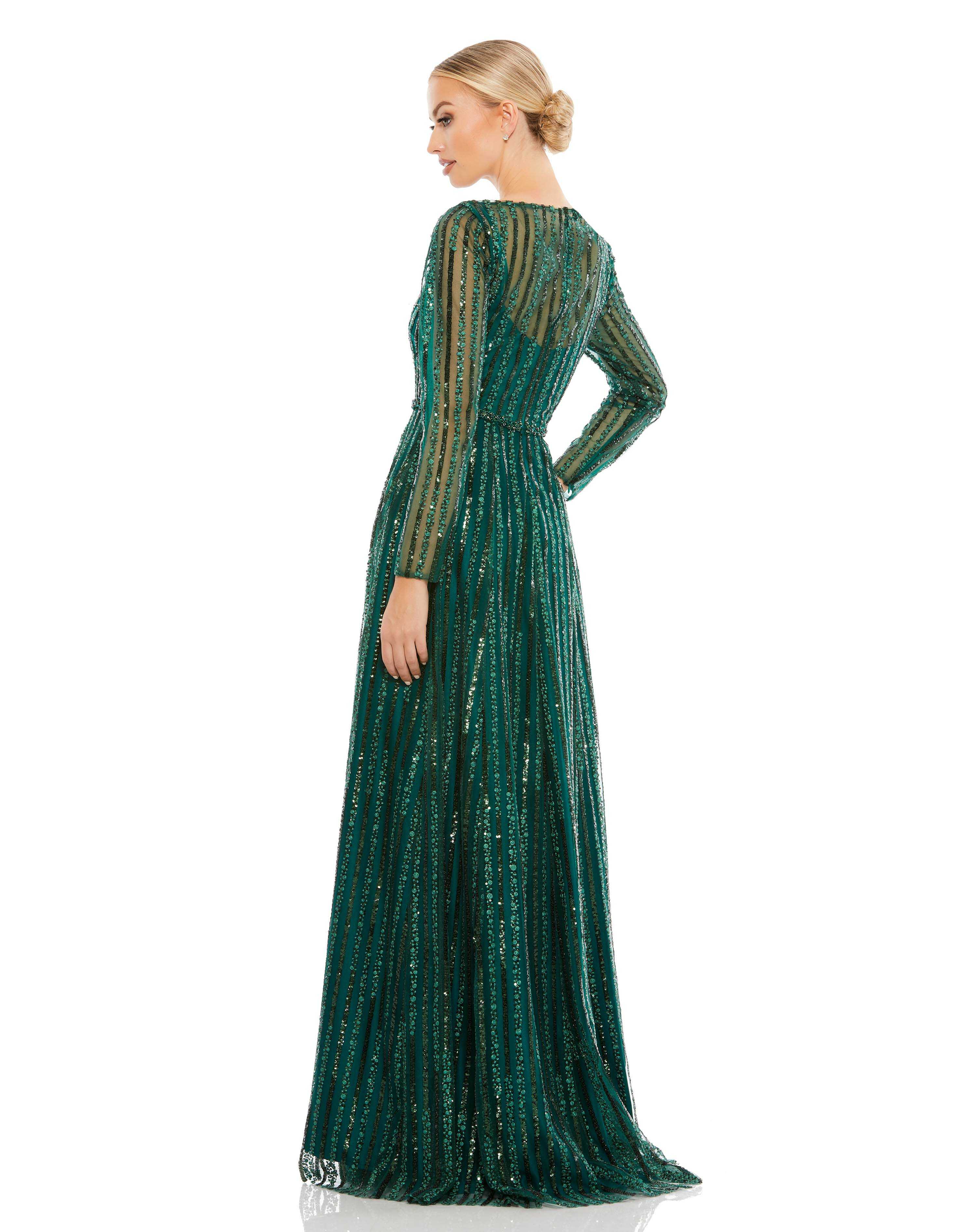 Plunging Striped Sequin Long Sleeve Gown