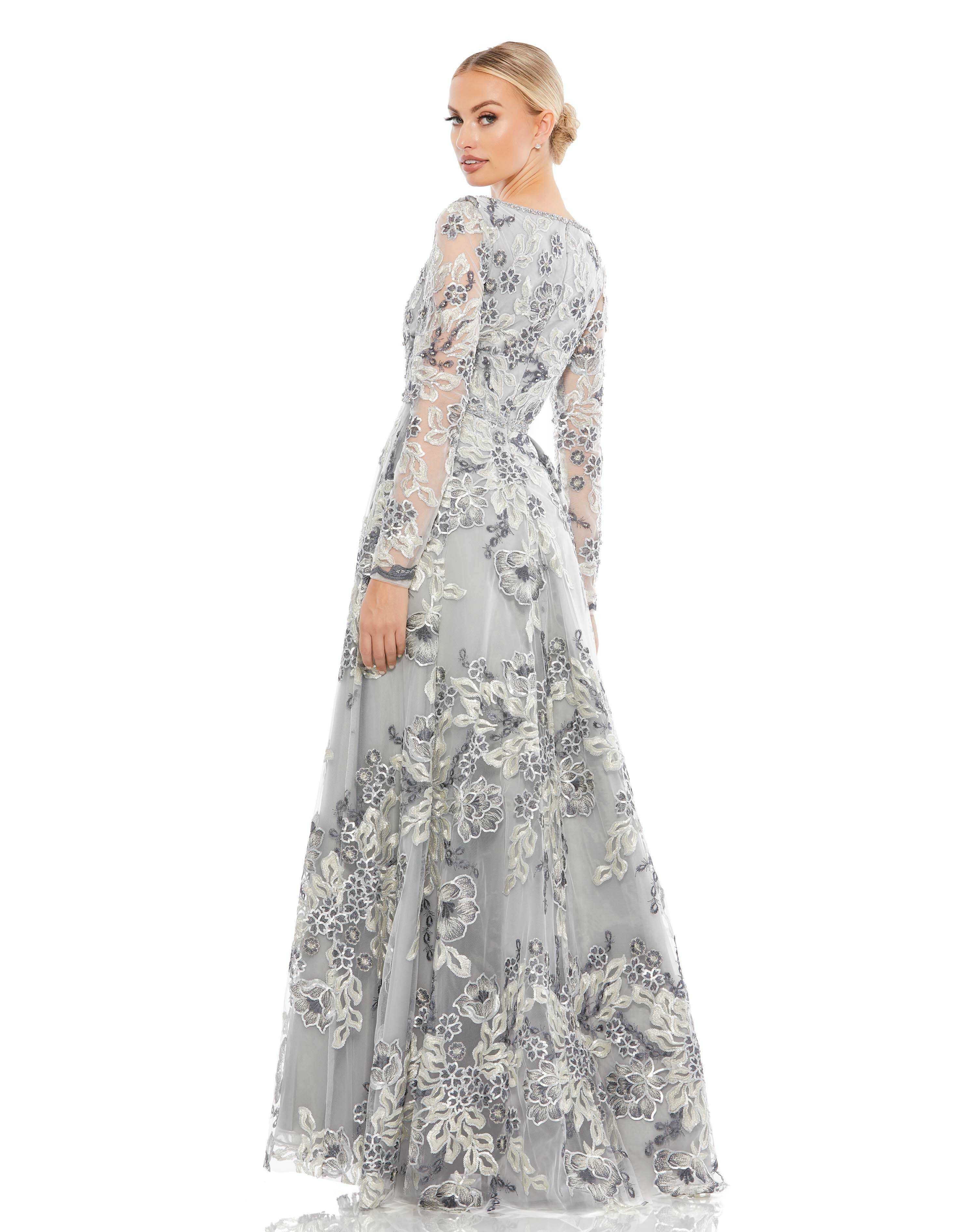 Floral Embellished Illusion Sleeve A-Line Gown