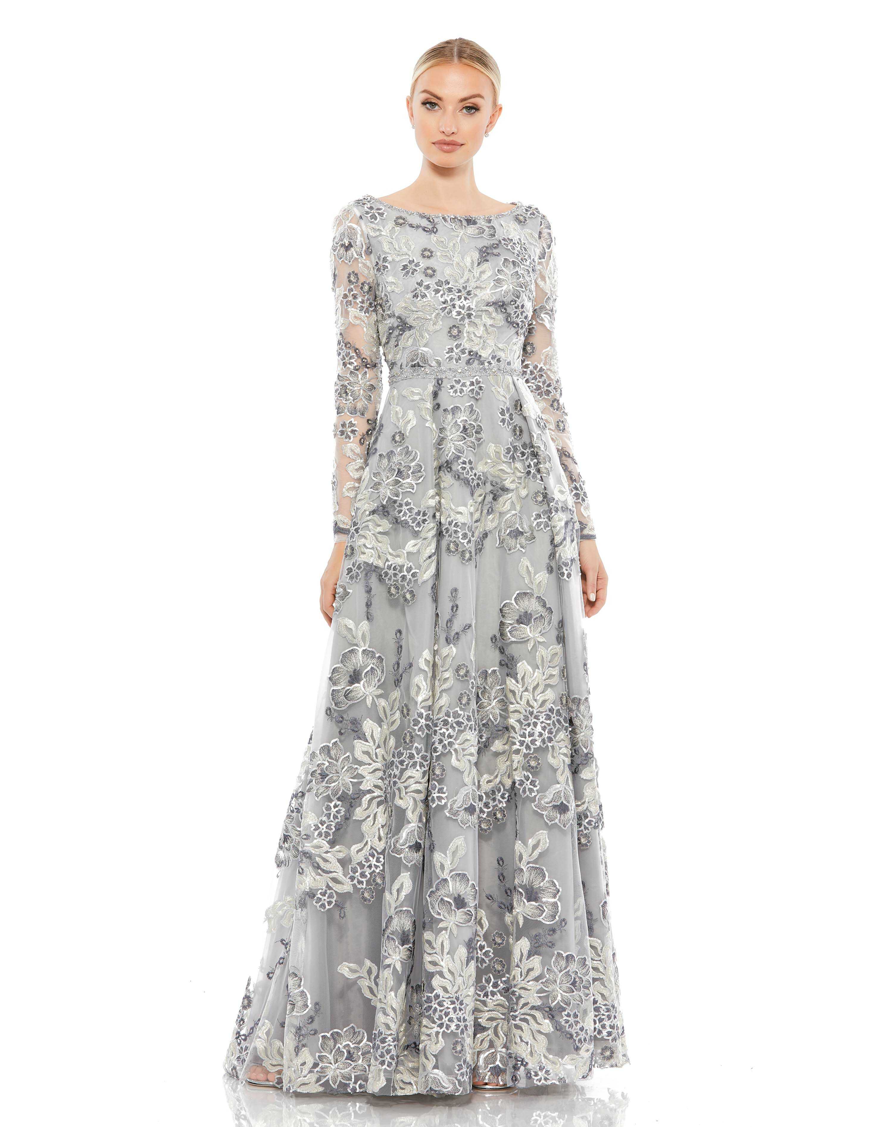 Floral Embellished Illusion Sleeve A-Line Gown