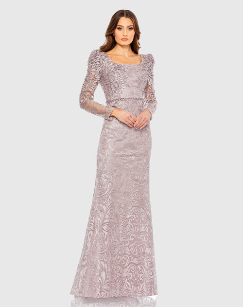 Embroidered Applique Shoulder Detail Trumpet Gown