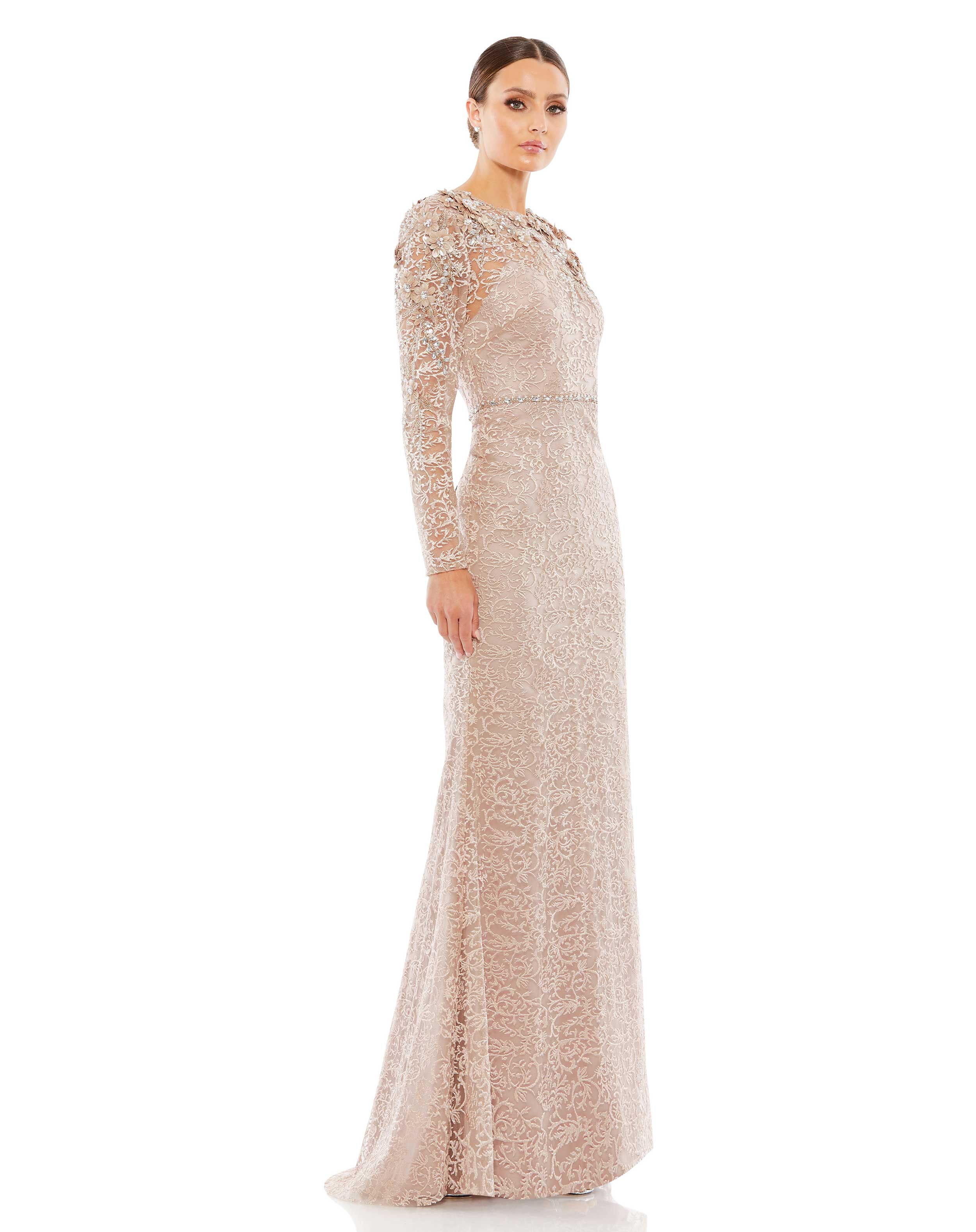 Long Sleeve High Neck Embroidered Gown