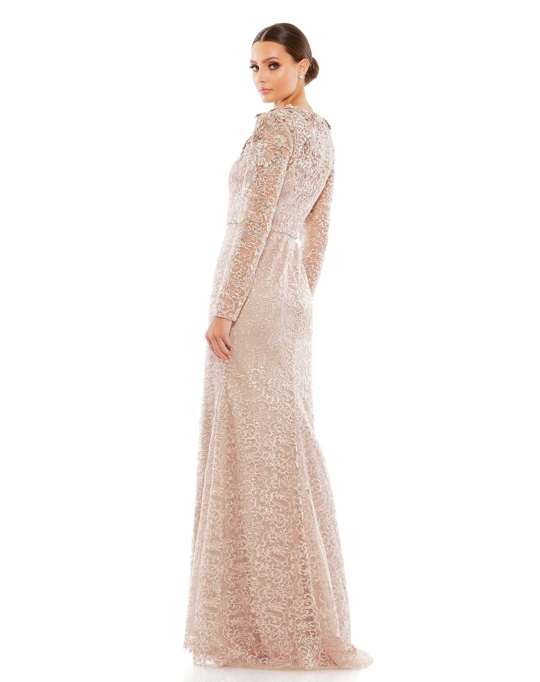 Long Sleeve High Neck Embroidered Gown