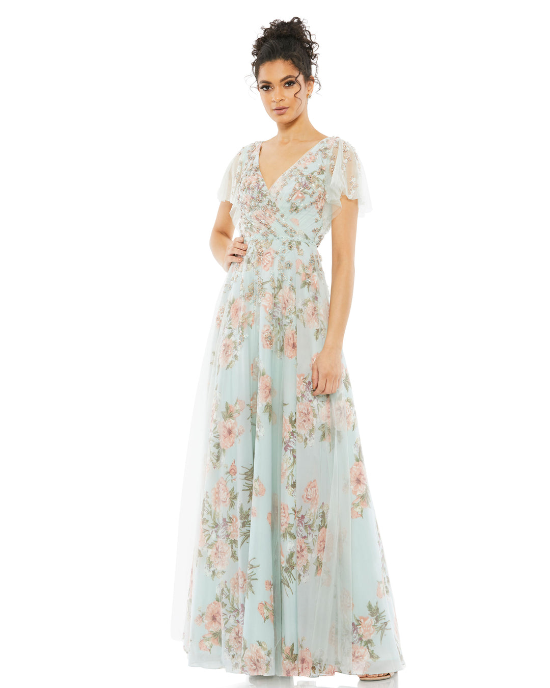 Short Sleeve Floral Wrap Gown – Mac Duggal