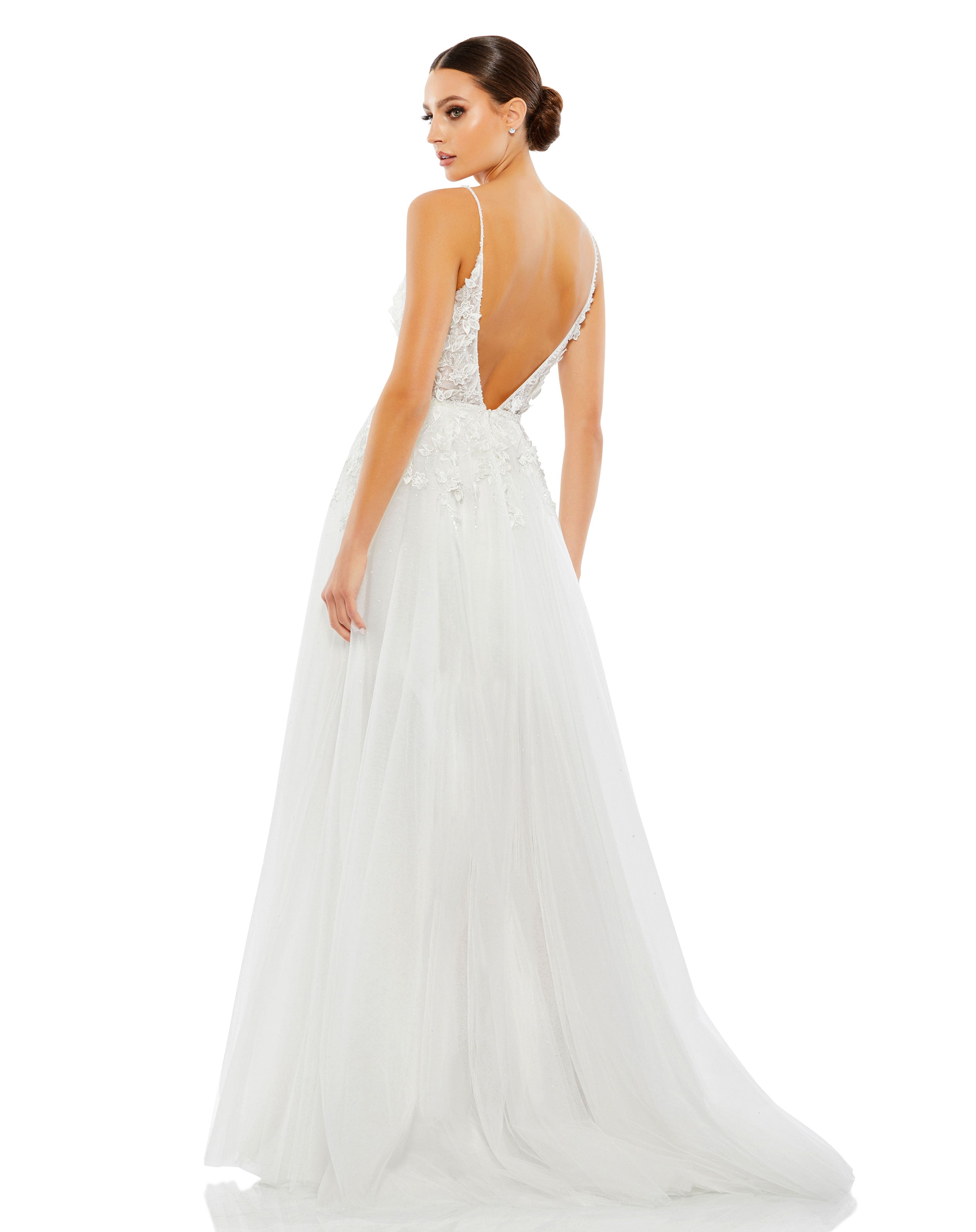 Appliqued V Neck Sleeveless Open Back A Line Gown