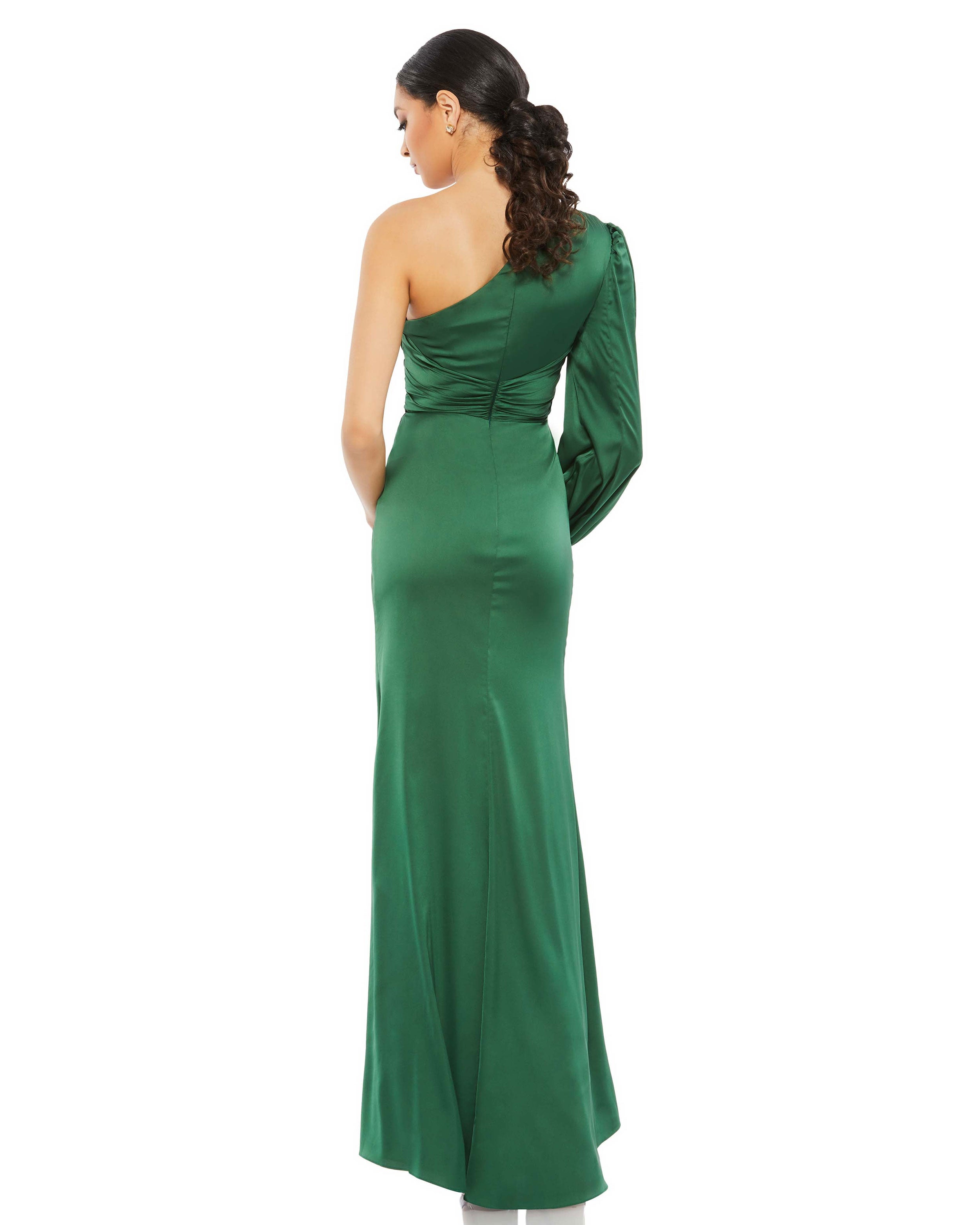 One Shoulder Long Sleeve Draped Charmeuse Gown