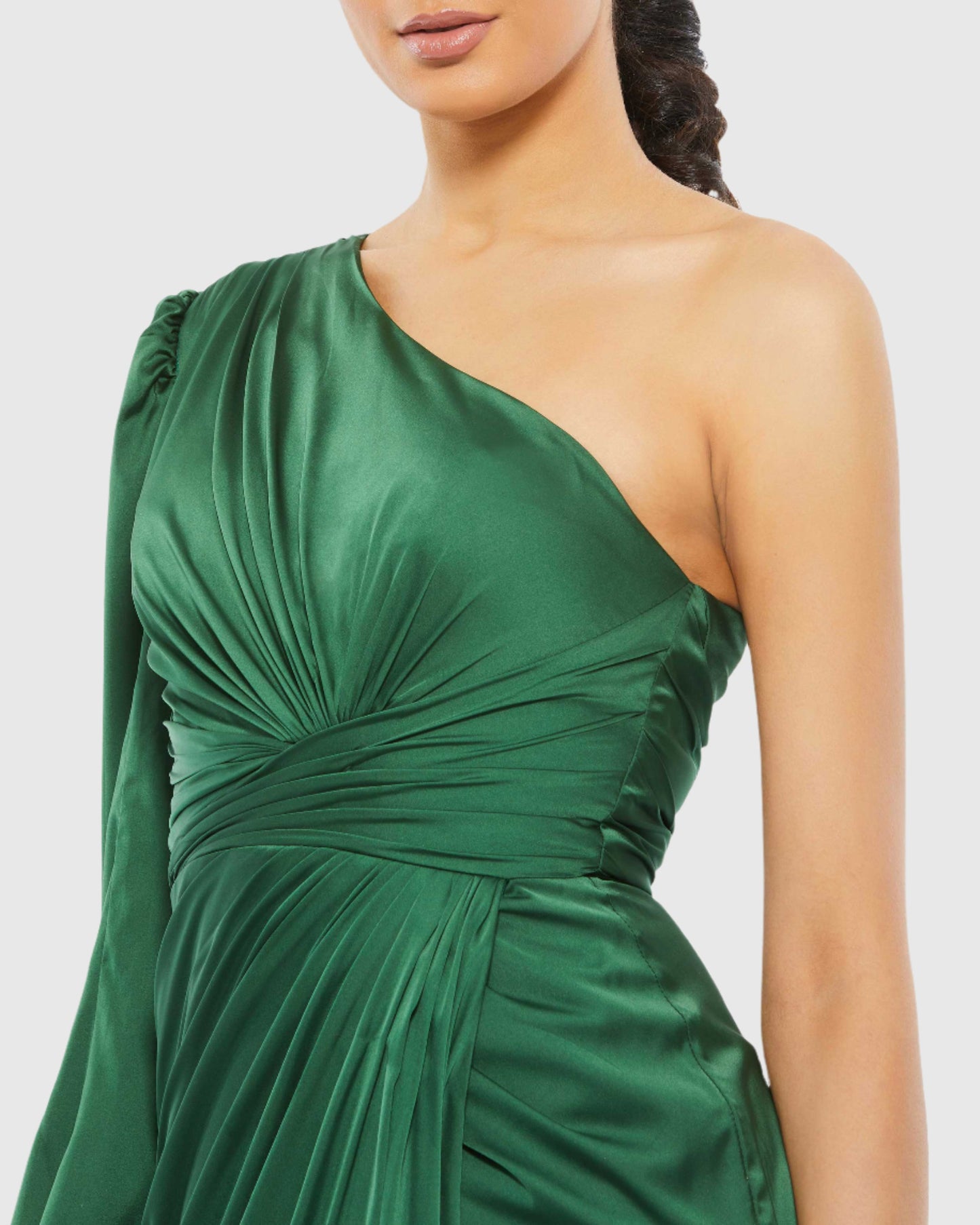 One Shoulder Long Sleeve Draped Charmeuse Gown