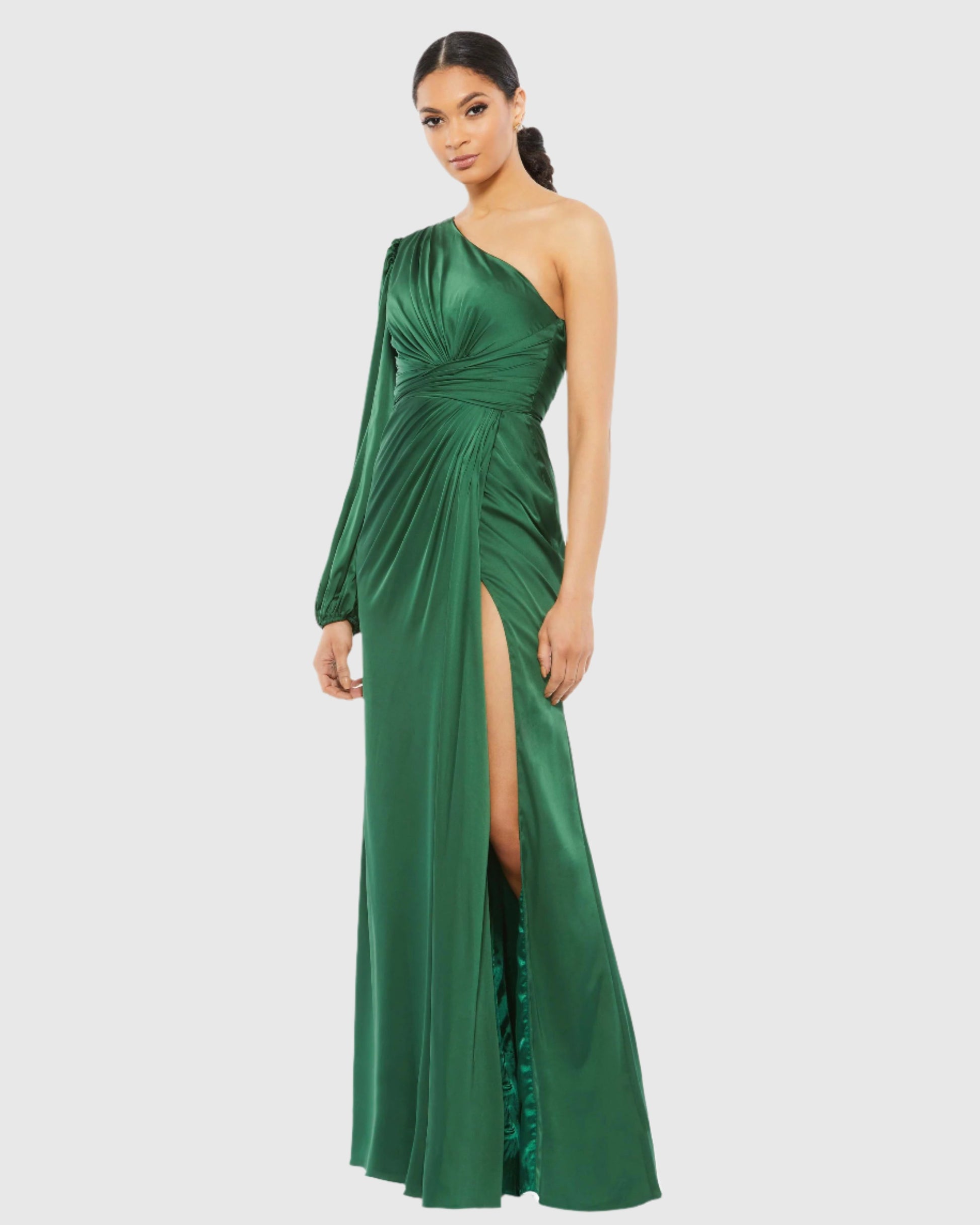 One Shoulder Long Sleeve Draped Charmeuse Gown