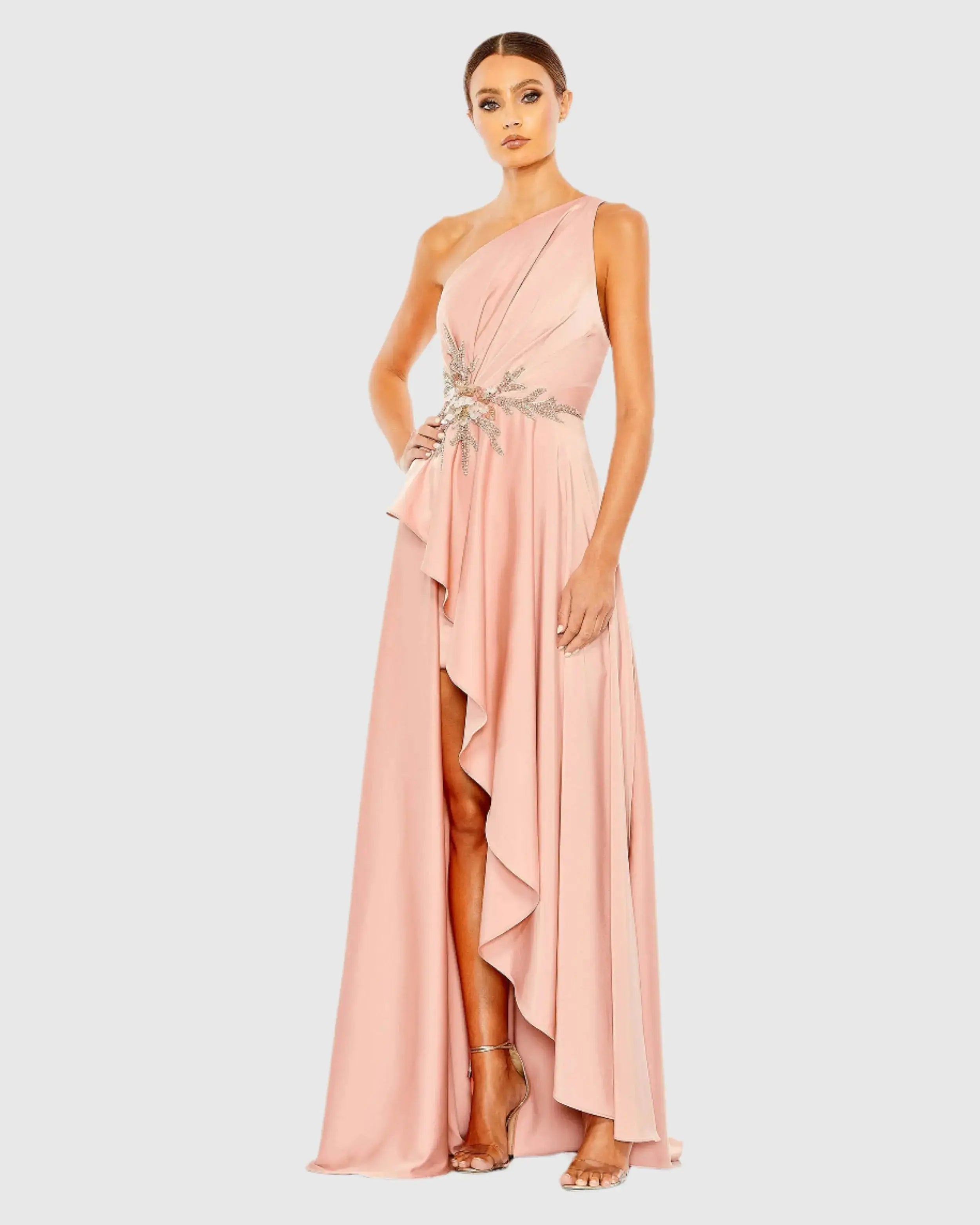 Mac Duggal - Embellished One Shoulder Asymmetrical Gown - Rose Mac Duggal - Embellished One Shoulder Asymmetrical Gown - Rose