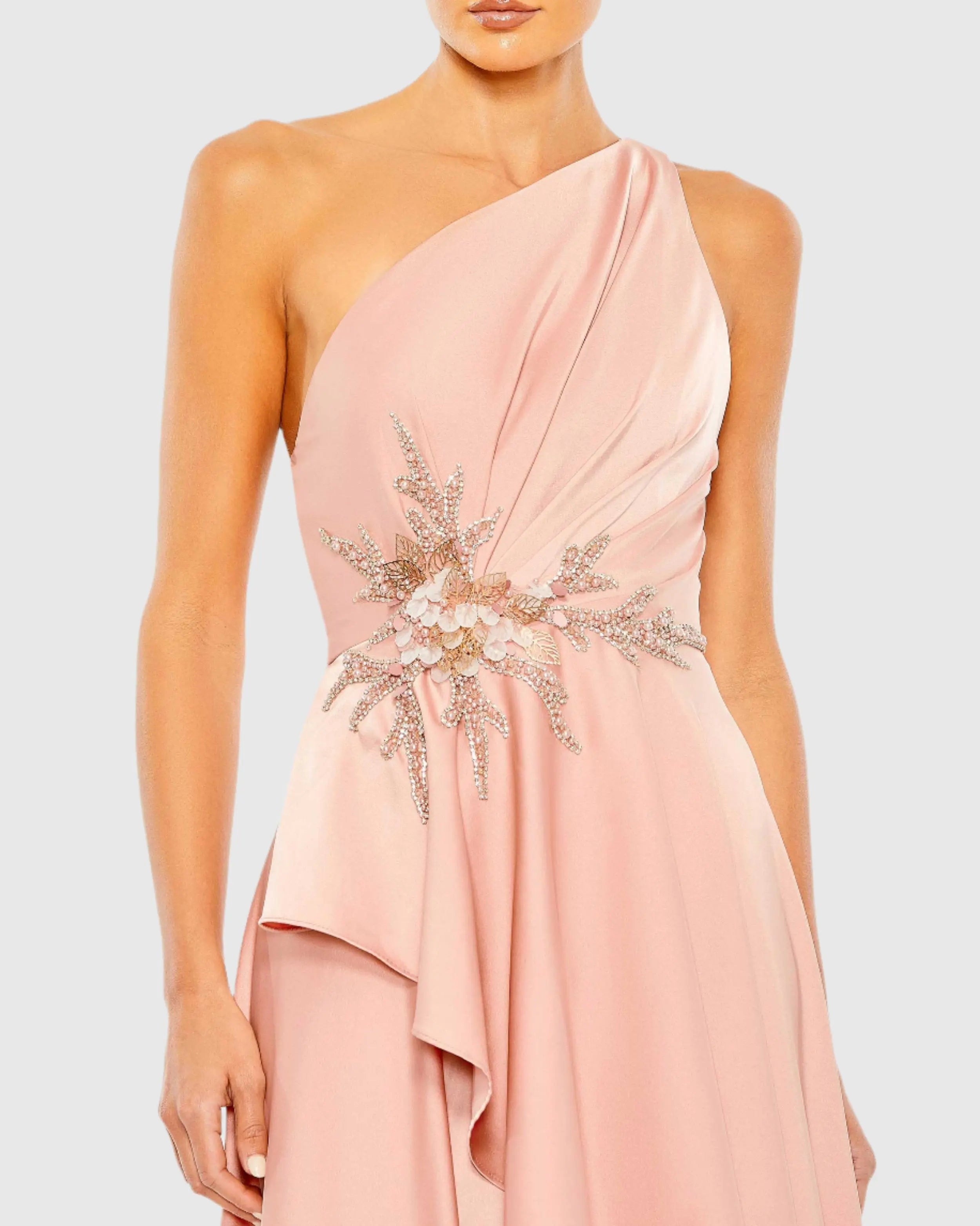 Pink Embellished One Shoulder Asymmetrical Gown - Mac Duggal