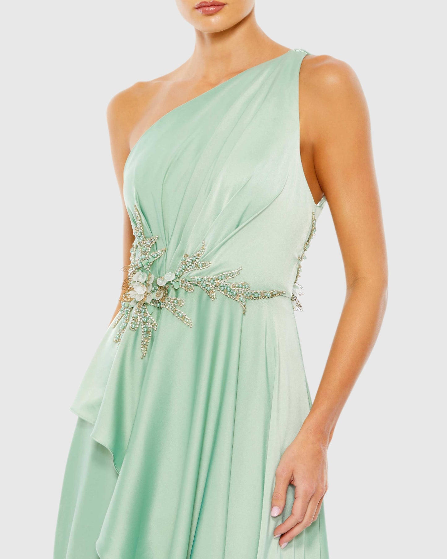 Embellished One Shoulder Asymmetrical Gown