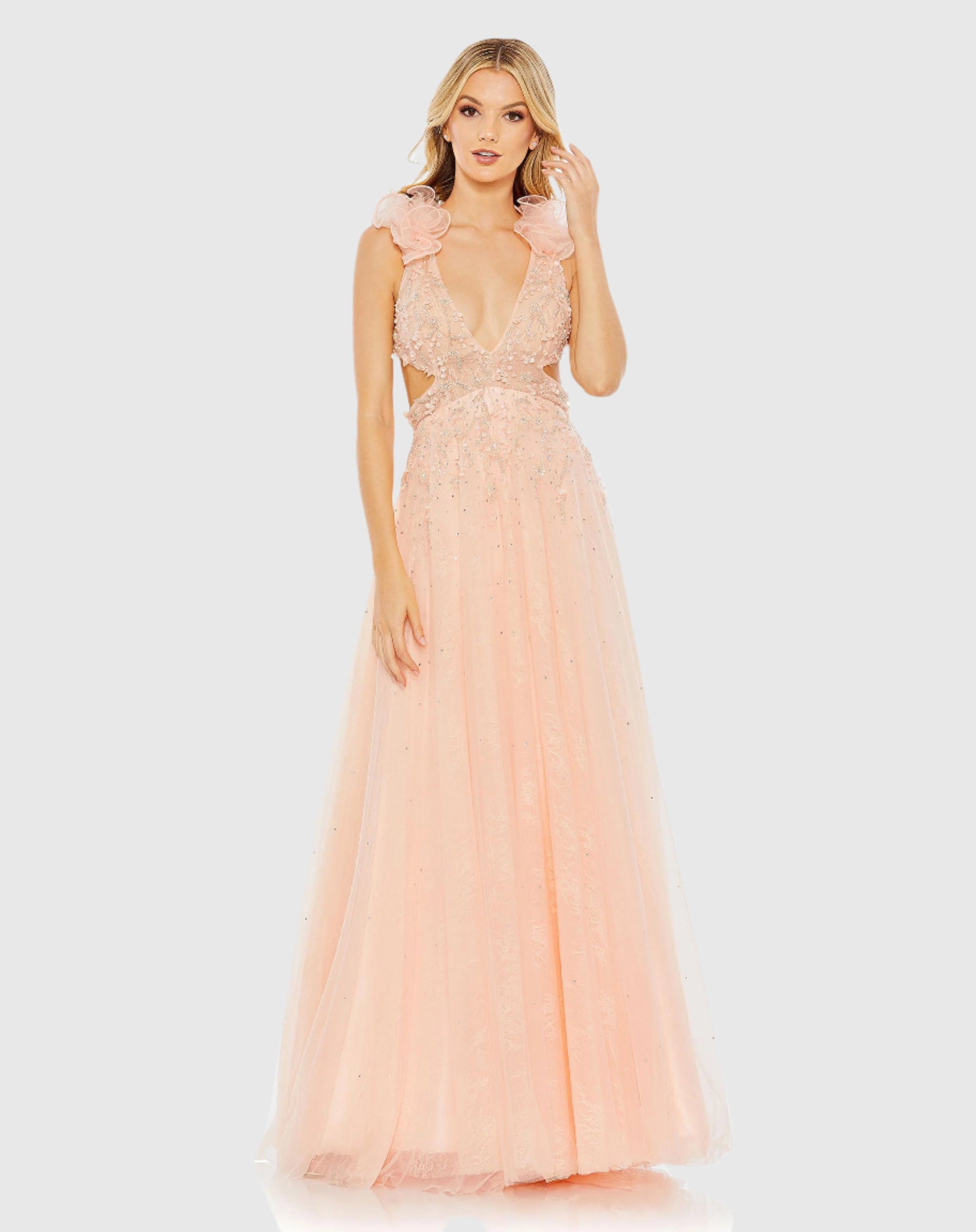 Embellished Ruffle Shoulder Cut Out A Line Gown