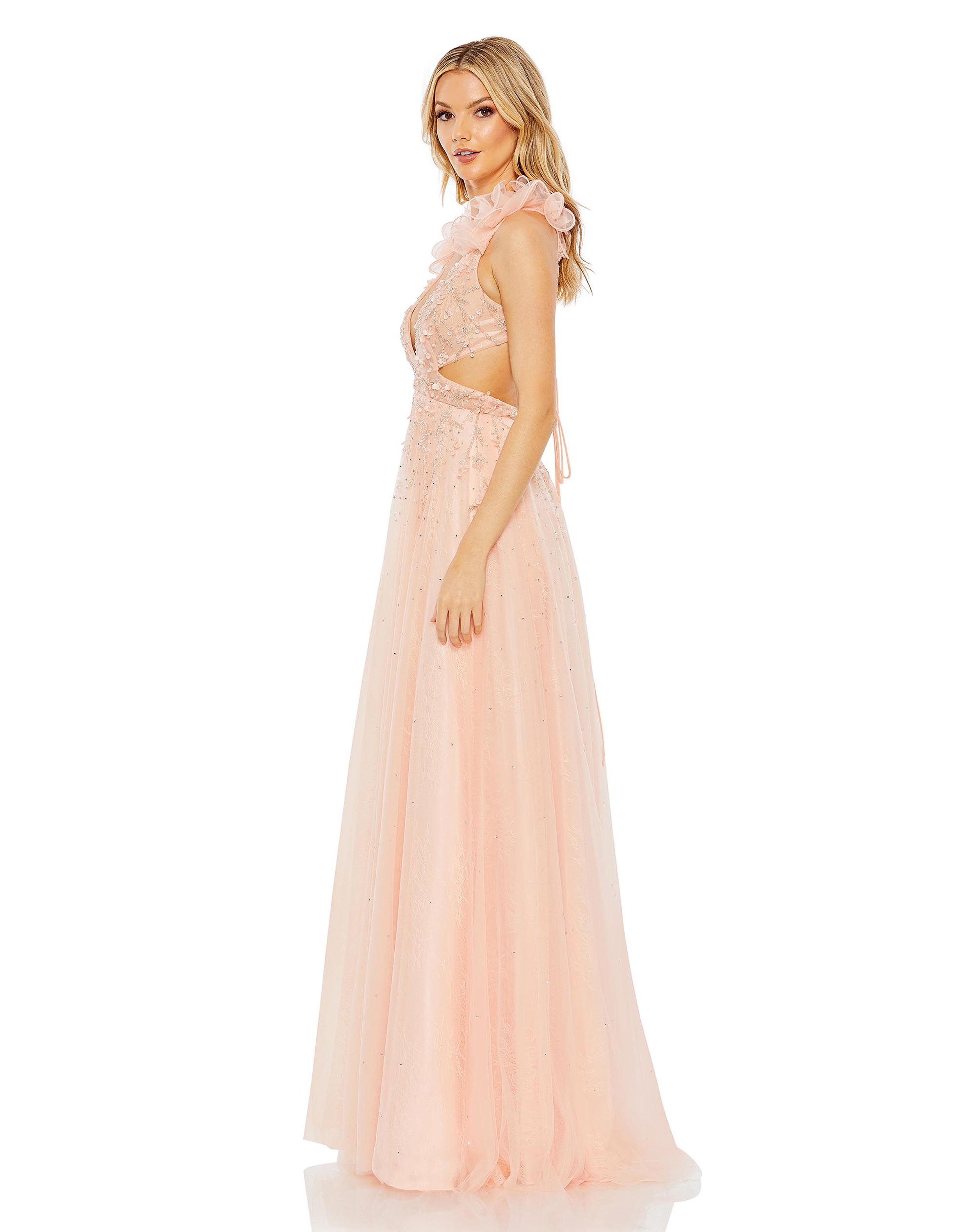 Embellished Ruffle Shoulder Cut Out A Line Gown - FINAL SALE