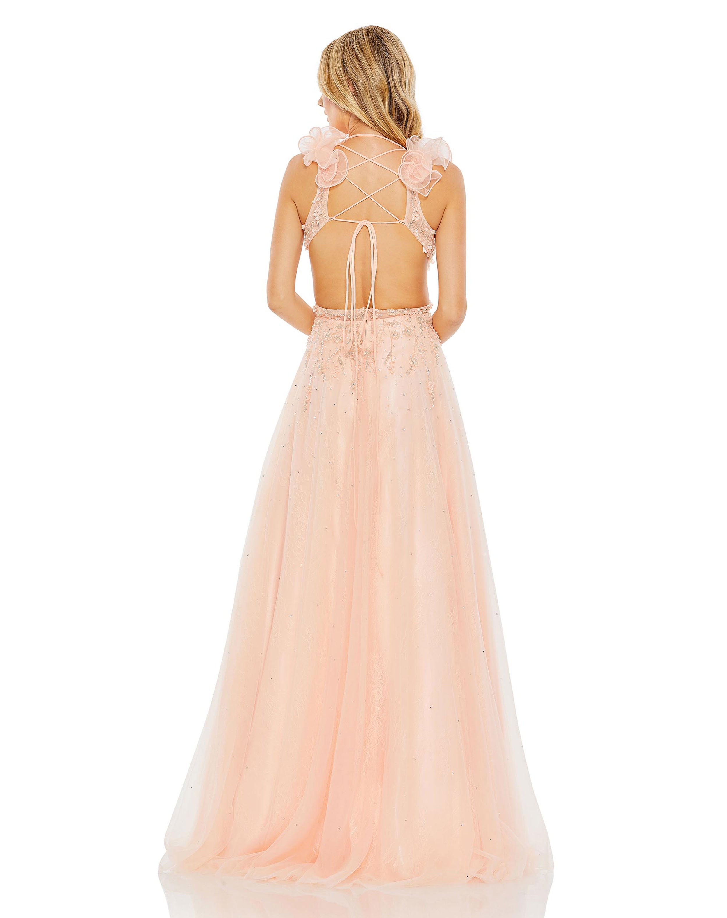 Embellished Ruffle Shoulder Cut Out A Line Gown