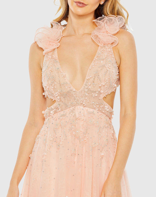 Embellished Ruffle Shoulder Cut Out A Line Gown