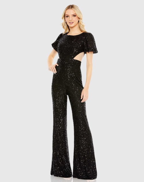 Sequined Puff Shoulder Illusion Cut Out Jumpsuit