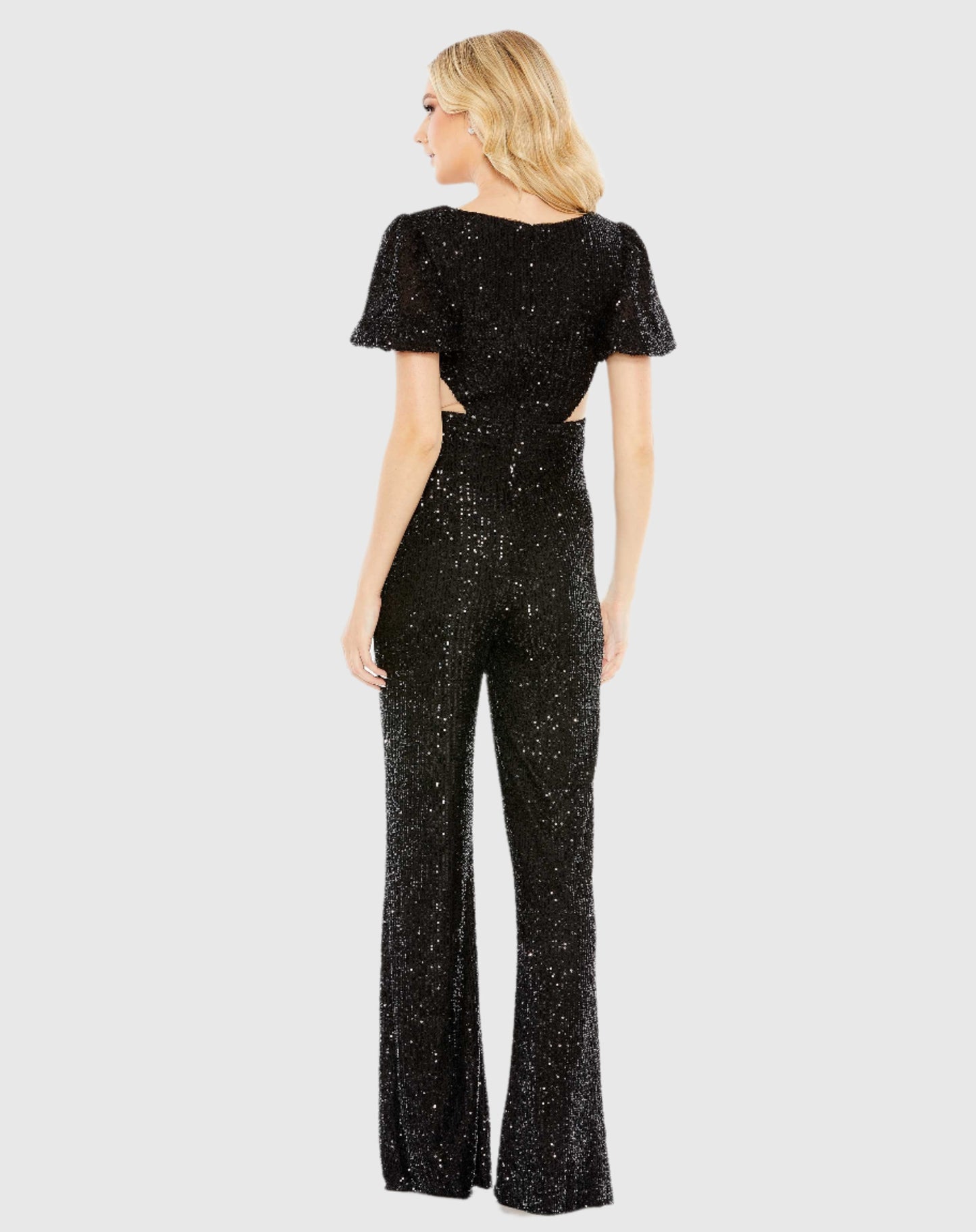 Sequined Puff Shoulder Illusion Cut Out Jumpsuit