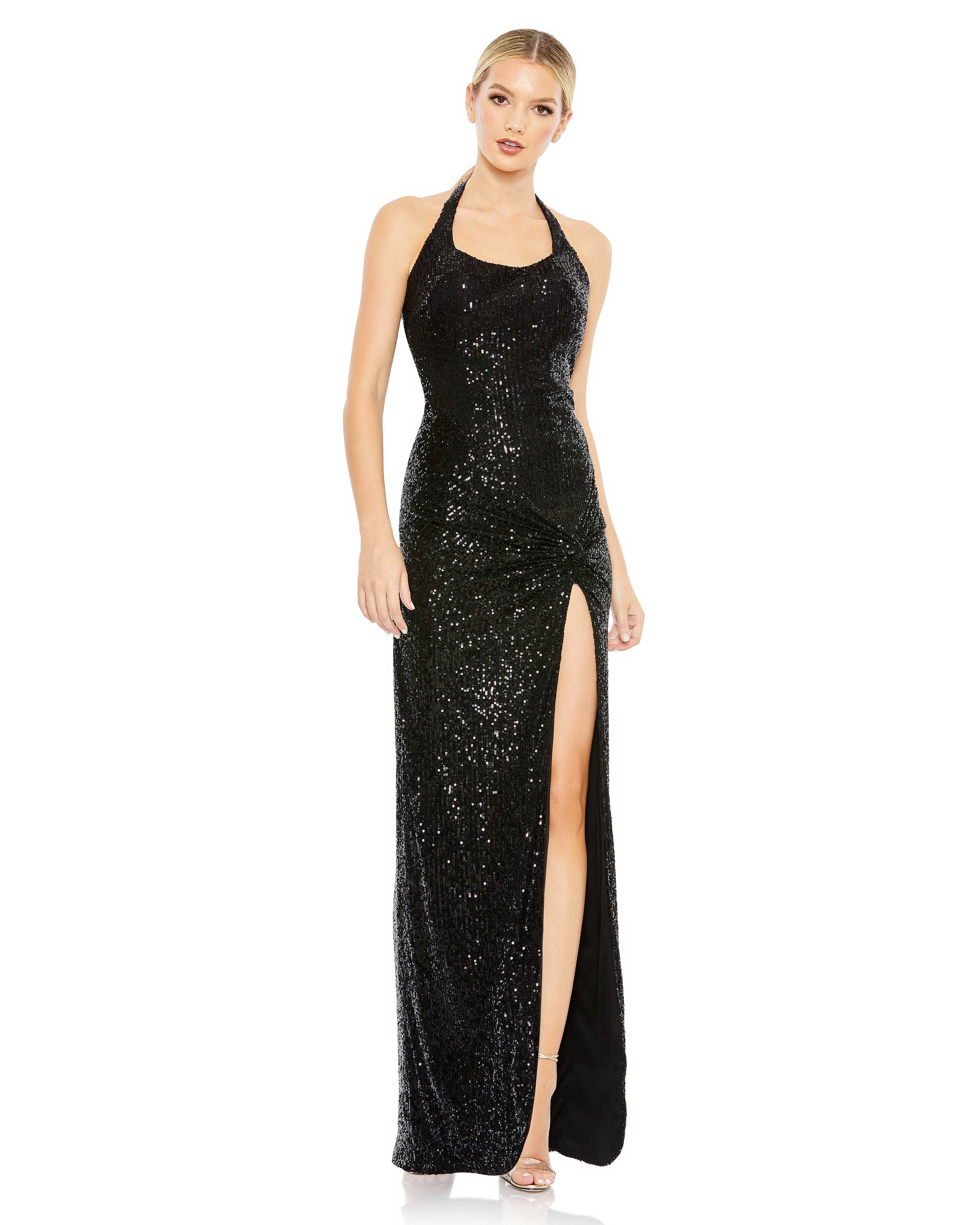 Sequined Halter Strap Low Side Knot Gown