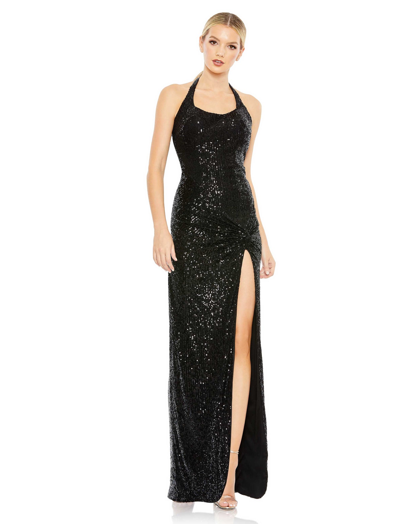 Sequined Halter Strap Low Side Knot Gown – Mac Duggal