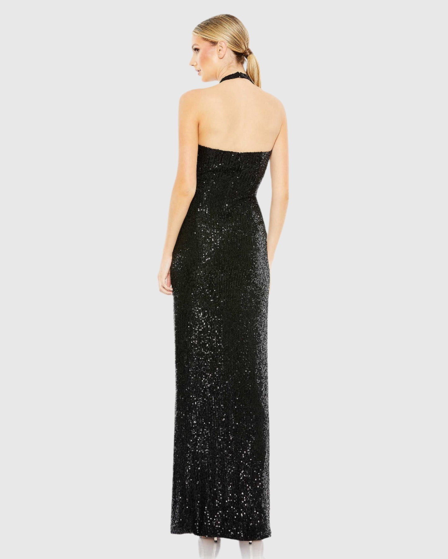 Sequined Halter Strap Low Side Knot Gown