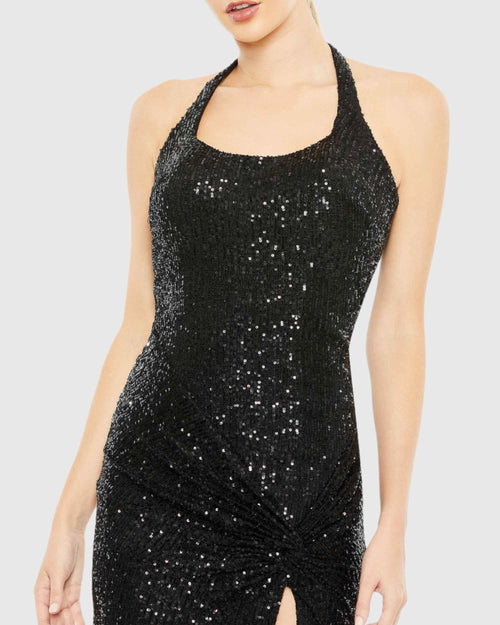 Robe à paillettes et bretelles licou avec nœud latéral bas