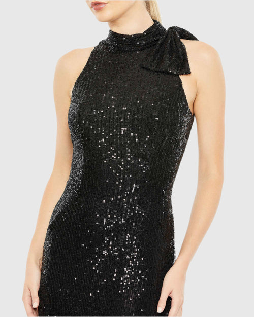 Black Sequined Soft Tie Halter Neck Column Gown