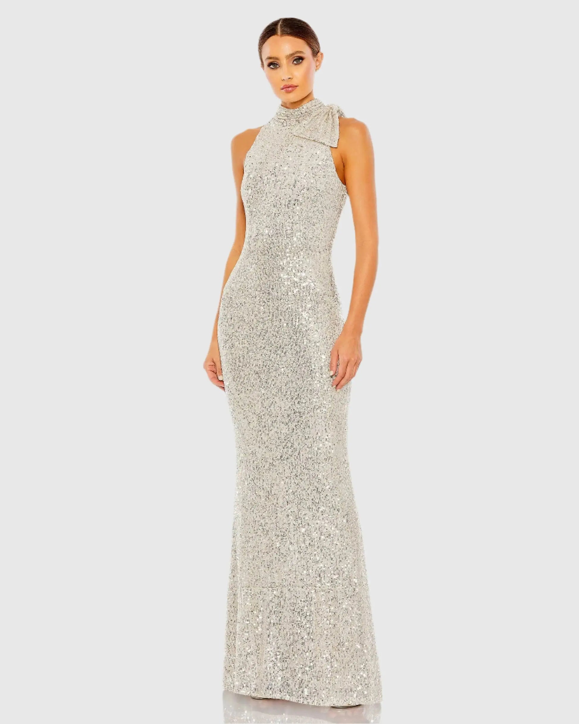 Silver Soft Tie Halter Neck Sequin Gown | Mac Duggal Silver Soft Tie Halter Neck Sequin Gown | Mac Duggal