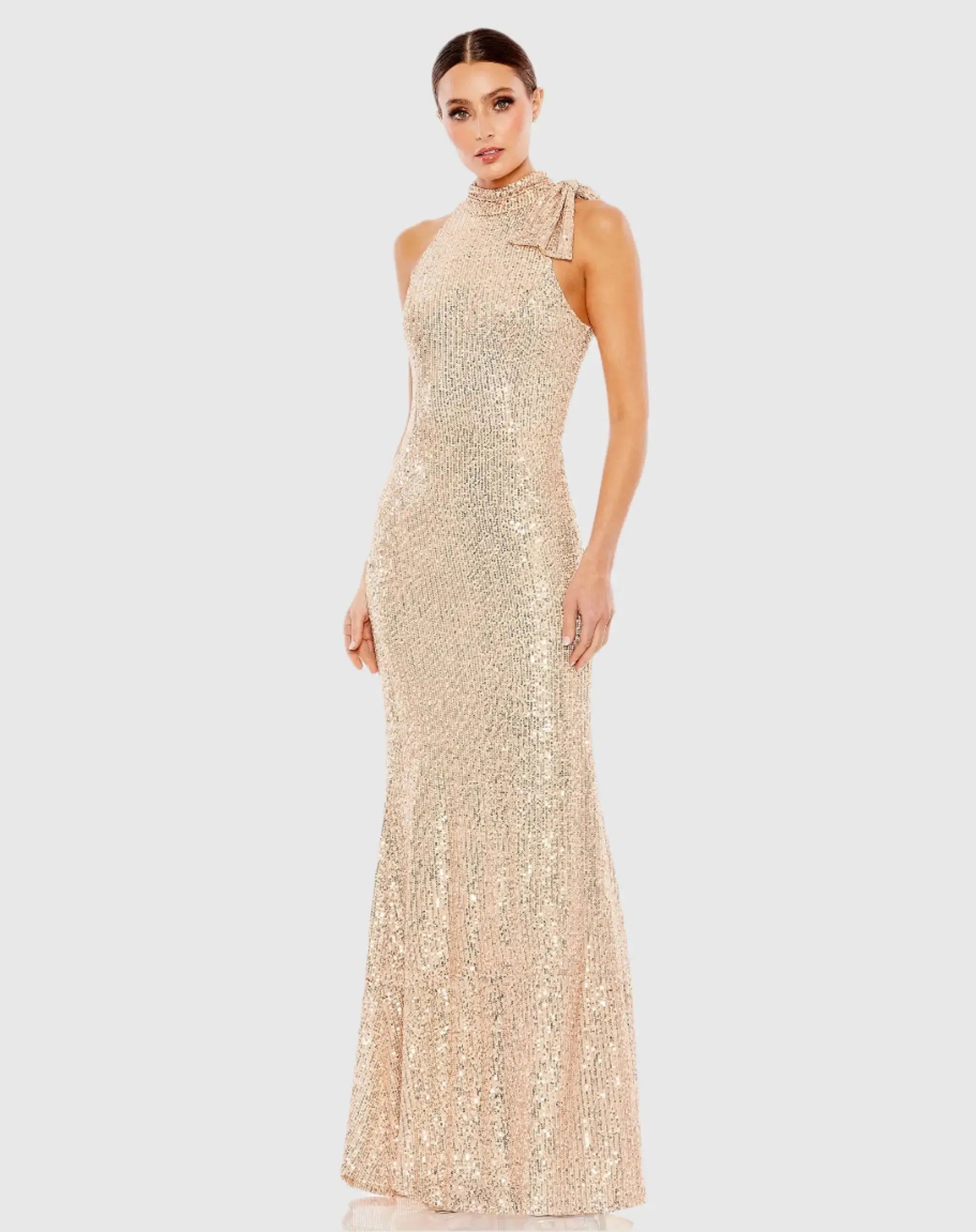 Gold Soft Tie Halter Neck Sequin Gown - Ieena for Mac Duggal