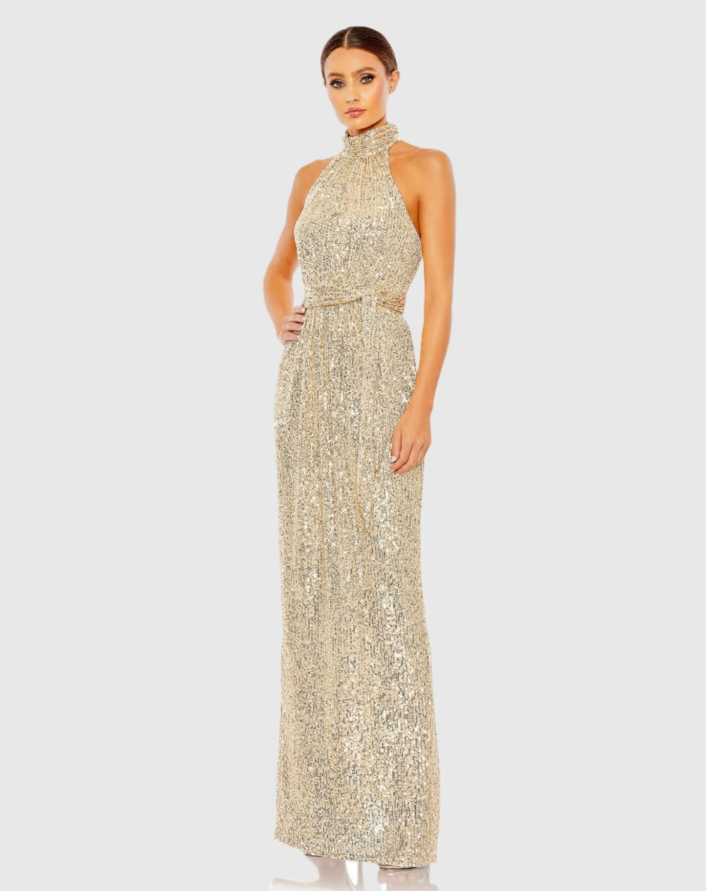 Gold Sequin Halter Neck Column Gown With Tie Belt | Mac Duggal Gold Sequin Halter Neck Column Gown With Tie Belt | Mac Duggal