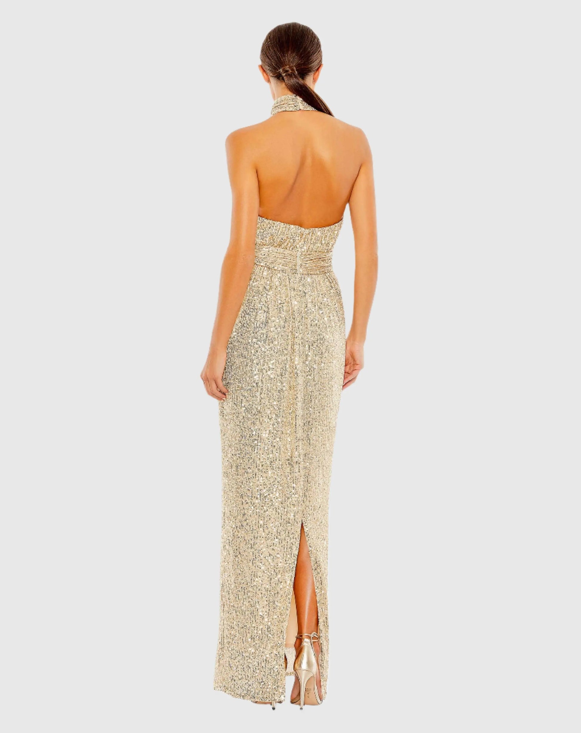 Gold Sequin Halter Neck Column Gown With Tie Belt | Mac Duggal Gold Sequin Halter Neck Column Gown With Tie Belt | Mac Duggal