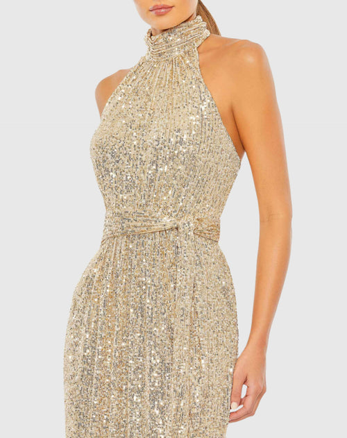 Sequined Halter Neck Belted Soft Tie Gown